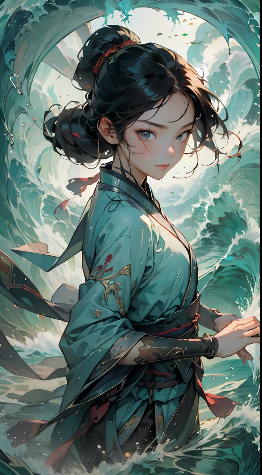 Best quality at best，tmasterpiece，超高分辨率，1girll，beautiful_face，Delicate skin，Yushui，Eau，wave，，Hands throw things
