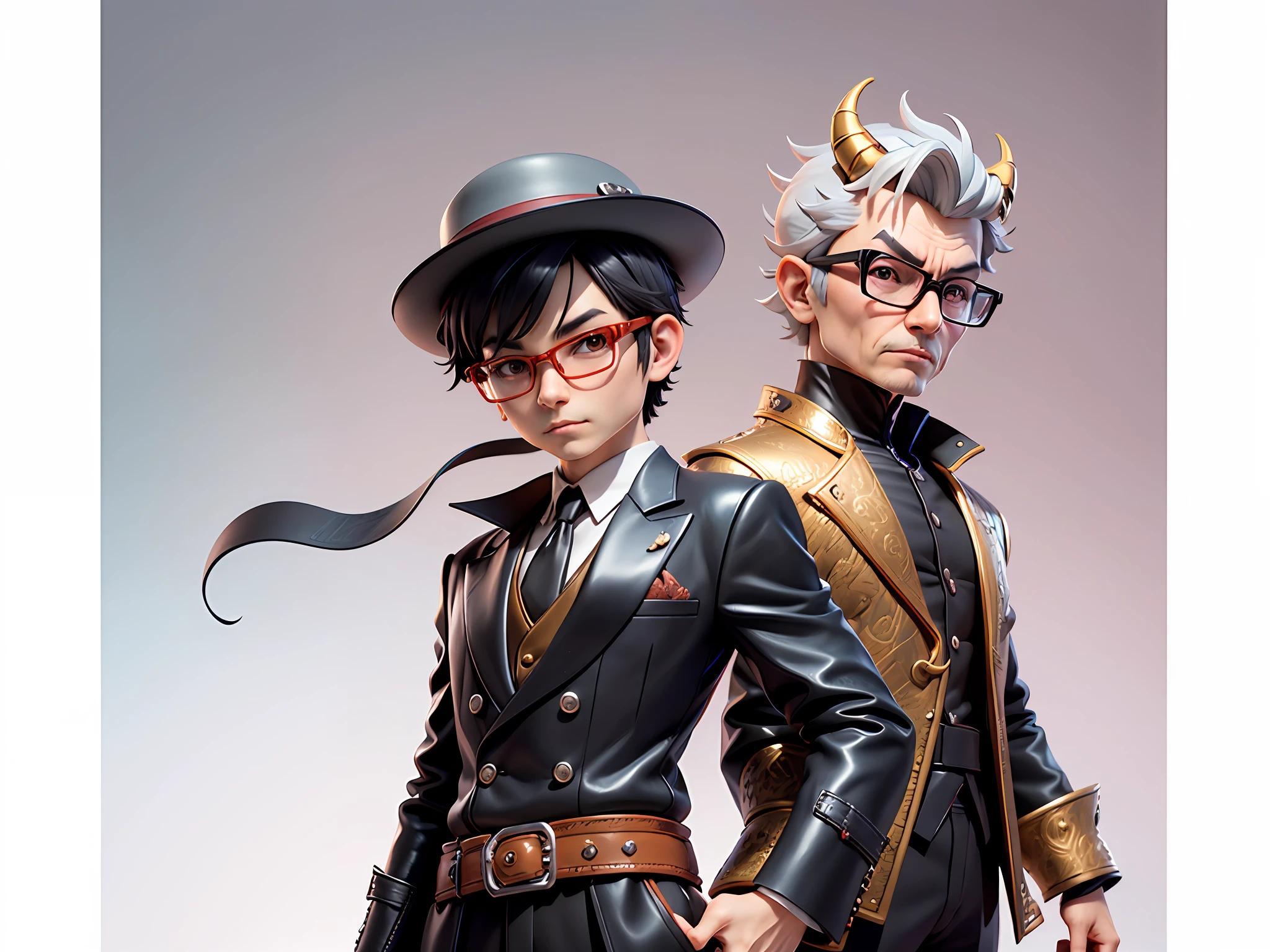 Young man with oriental face in leather hat, dragon, formal suit, short black hair, silver glasses, digital painting, 3D character design by Mark Clairedon and Pixar and Hayao Miyazaki and Akira Toriyama, the illustration is a high-definition illustration in 4K resolution with very detailed facial features and cartoon-style visuals.