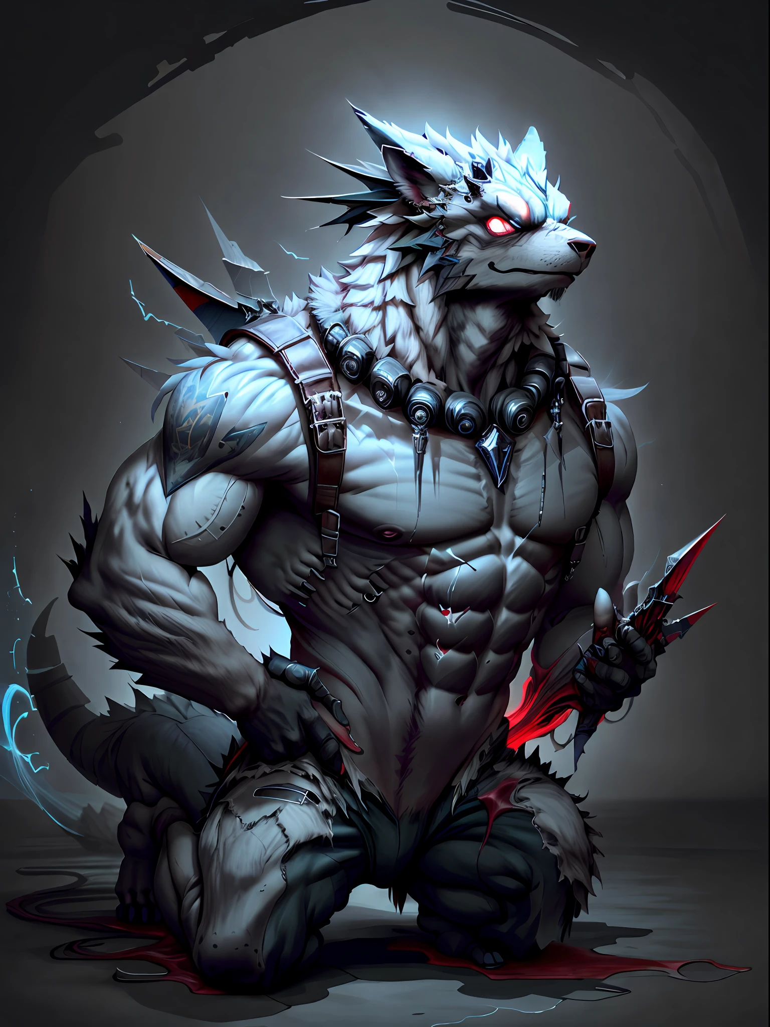 Punk AI Dragon Man,Full body like,Furry wolf-headed man,A pair of dragon wings,Wear brand new gray shorts,Liquid spills from the crotch,Black skin,Chemical and biological weapons,,Sharp claws,Lower body outflow fluid,Hold your head,drools,is shy,In the bedroom,Kneel,Milk spilled all over the floor,A collar around the neck,adolable,ssmile,Be red in the face
