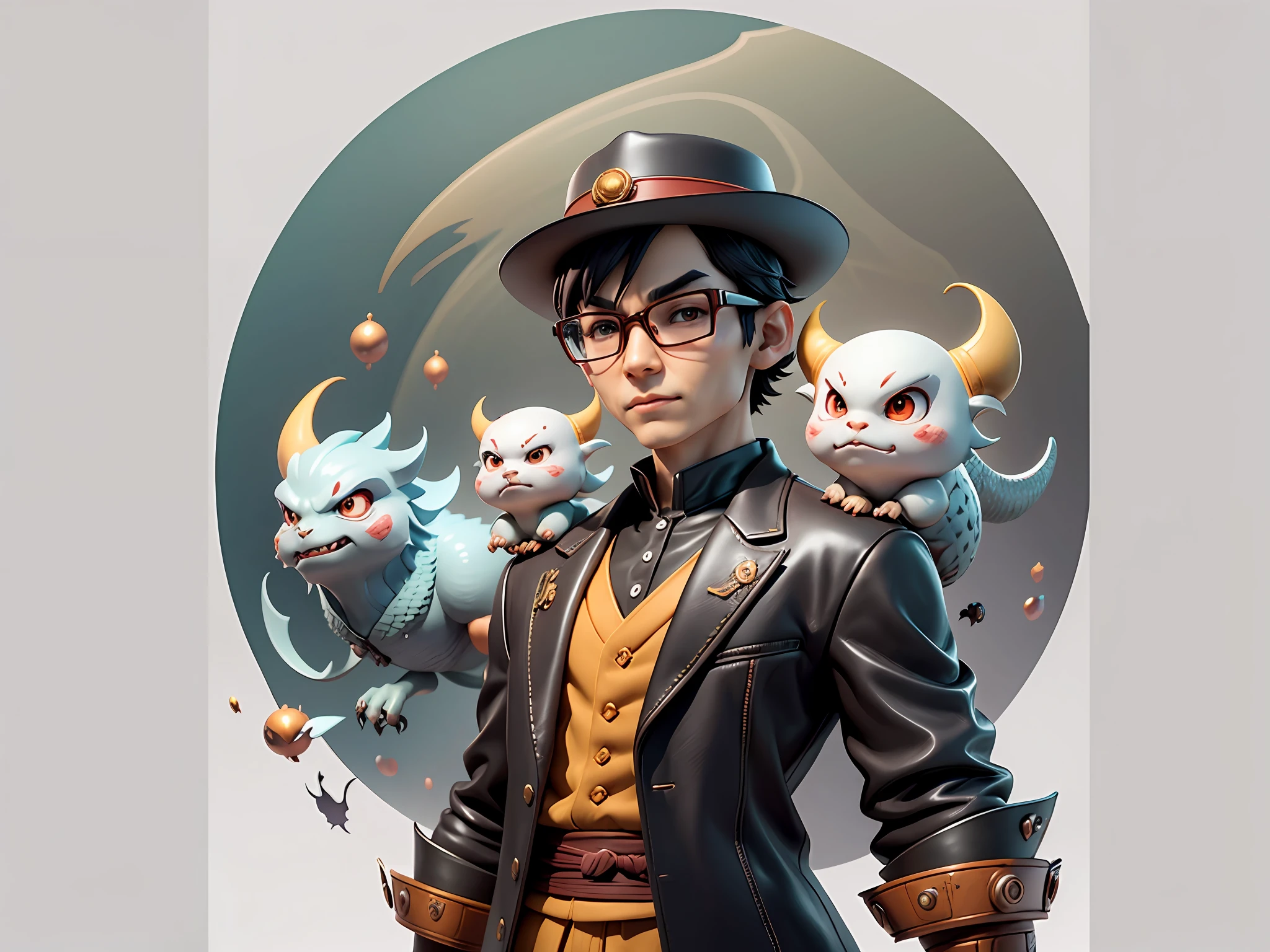 Young man with oriental face in leather hat, dragon, formal suit, short black hair, silver glasses, digital painting, 3D character design by Mark Clairedon and Pixar and Hayao Miyazaki and Akira Toriyama, the illustration is a high-definition illustration in 4K resolution with very detailed facial features and cartoon-style visuals.