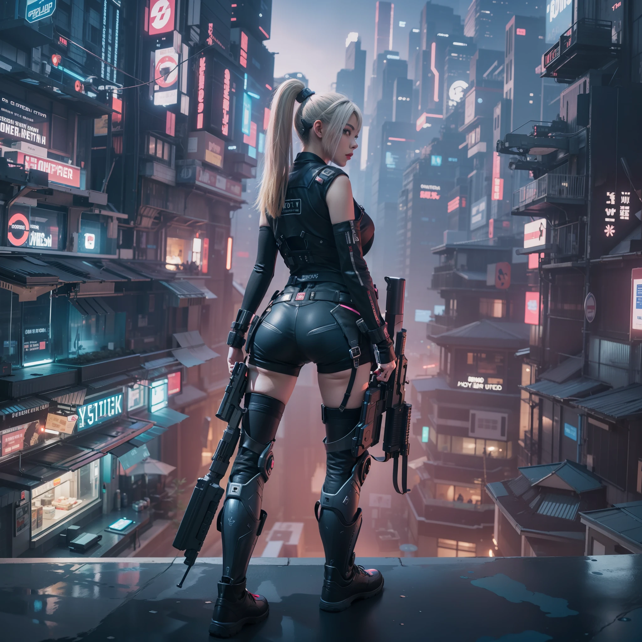 cyberpunked,Cyber City,Hi-Tech,High-tech townscape,Girl with a gun,poneyTail,Top image quality,8k