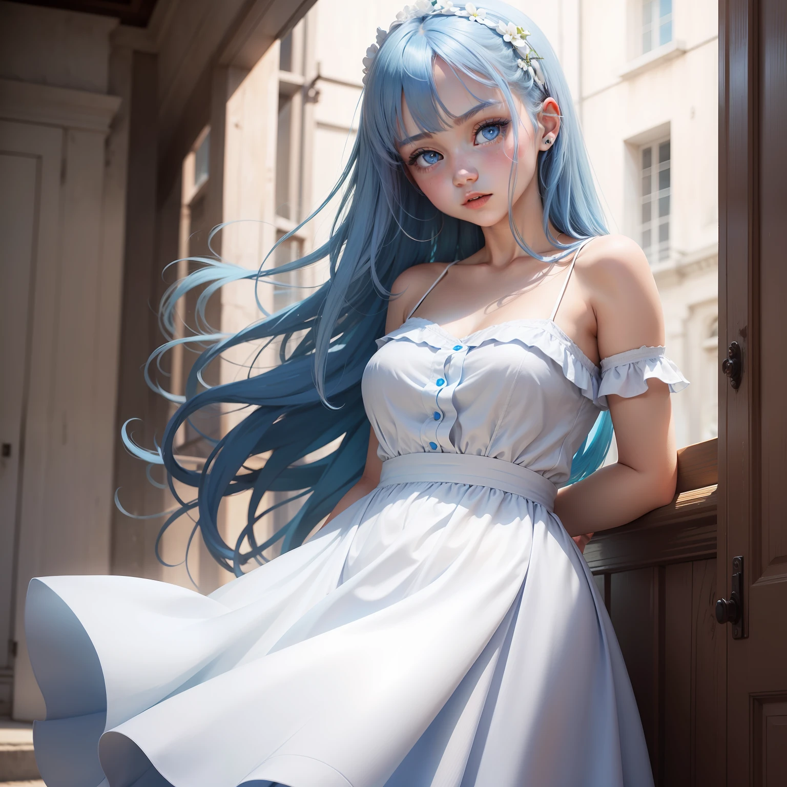 a girl, blue hair, blue eyes, white dress