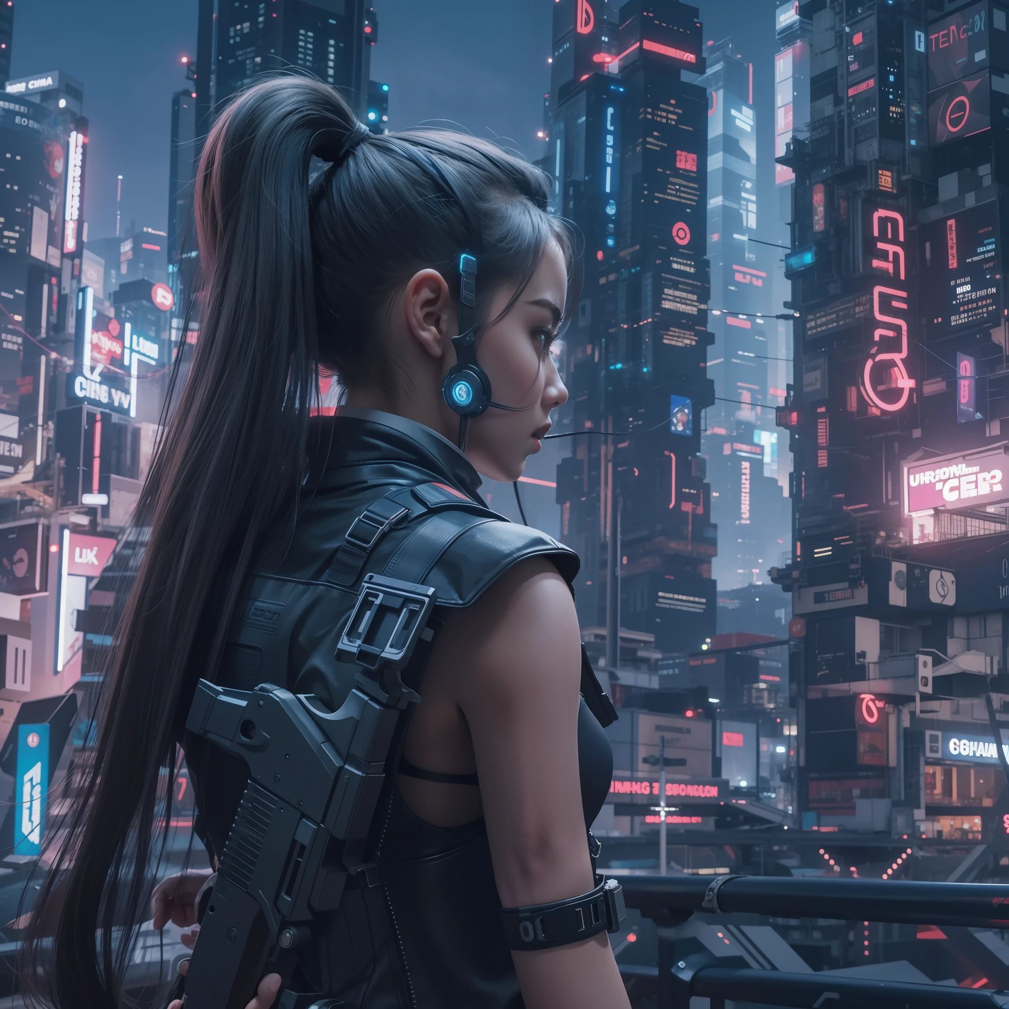 cyberpunked,Cyber City,Hi-Tech,High-tech townscape,Girl with a gun,poneyTail,Top image quality,8k