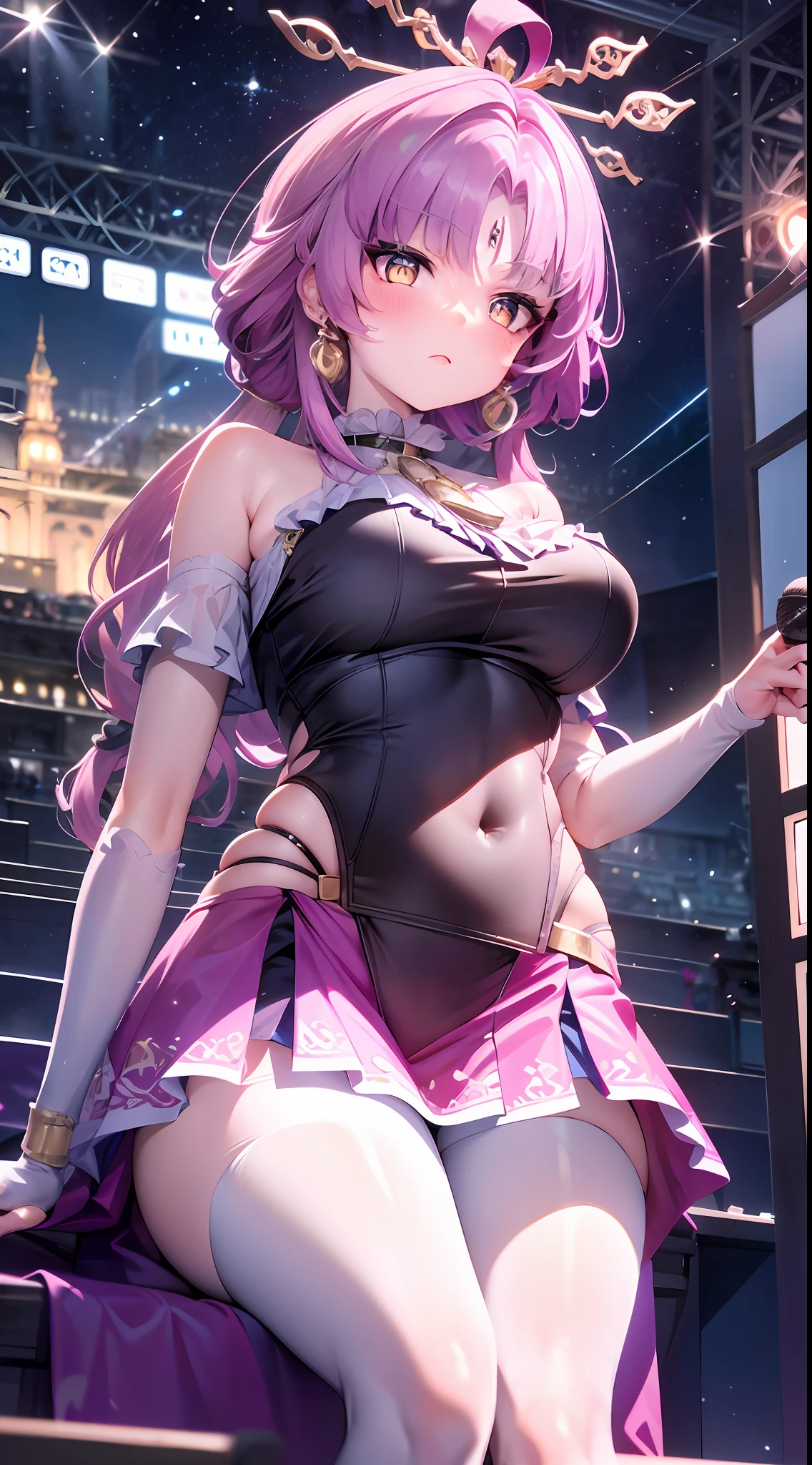 (tmasterpiece:1.2),Best quality at best,perfect anatomia,The is very detailed,1girll,Solo, A high resolution,absurderes,tmasterpiece,looking at viewert,Character Spotlight,A pink-haired,Golden eyes,short skirt,singers,Stage,Above is the starry sky,Hold the microphone,sing,Huge led screen