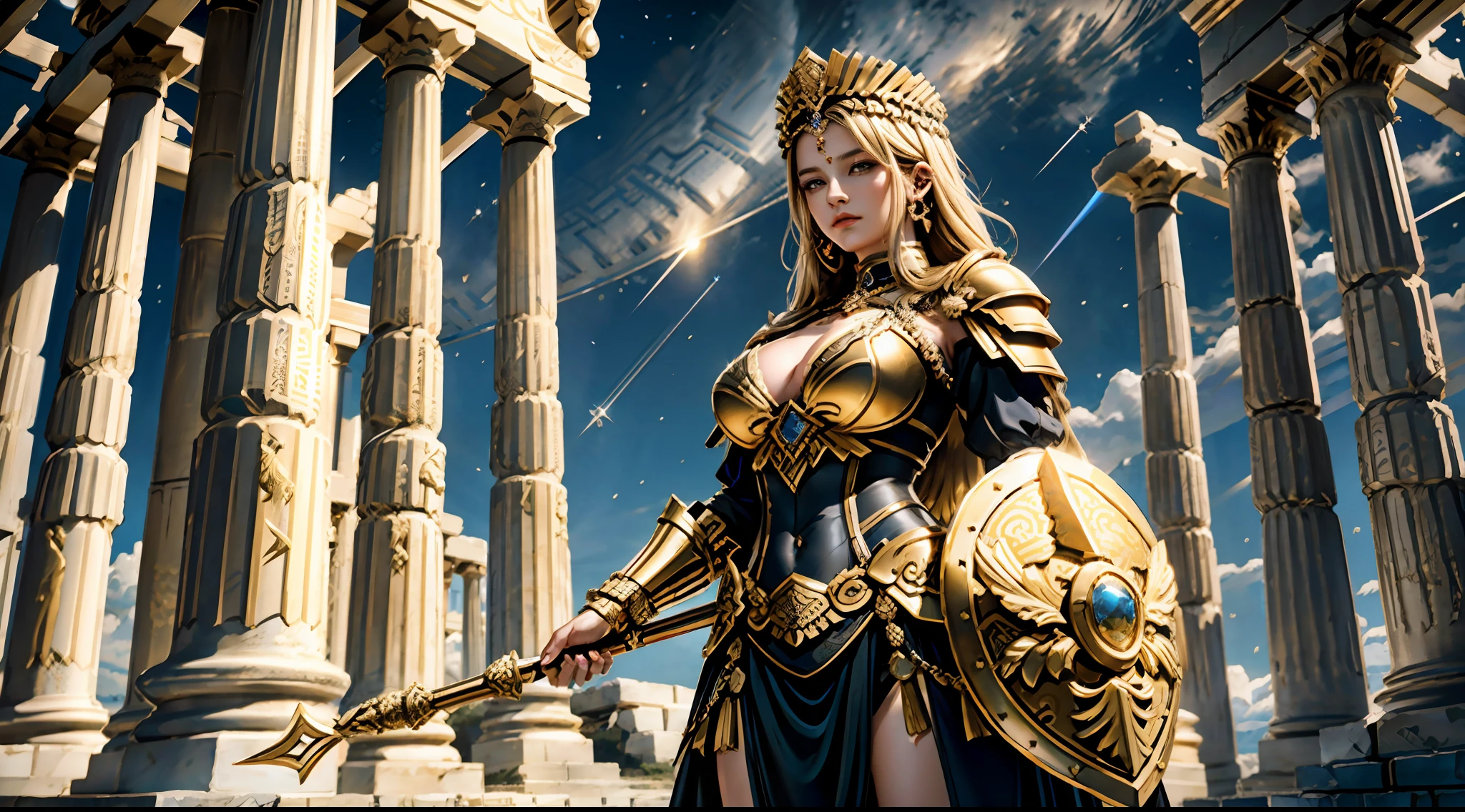 （tmasterpiece）， （best qualtiy：1.4）， [：intricately details：0.2]， Goddess of War，Large breasts，Heavy golden armor，Holding a shield，Complex patterns，Greek temple，dramatics，dynamicposes，the night，Starcloud，extreme light