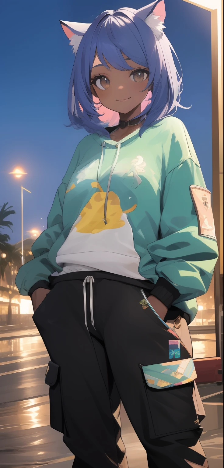 brazilian woman, dark skin, perfect brown eyes, details, elf ear, eyebrow, smiling, lips, short straight blue hair, dyed nape pink, Coolane Rhinestone Skeleton Pattern Cami Top With Sweatshirt Super Short, Dianhua Men's Cargo Pants Harem joggers in casual hip hop sweatshirt with multiple pockets, thin waist, thick legs, thick thighs, background scenery, ultra detailed rio de janeiro, beach, night light, night, beautiful night