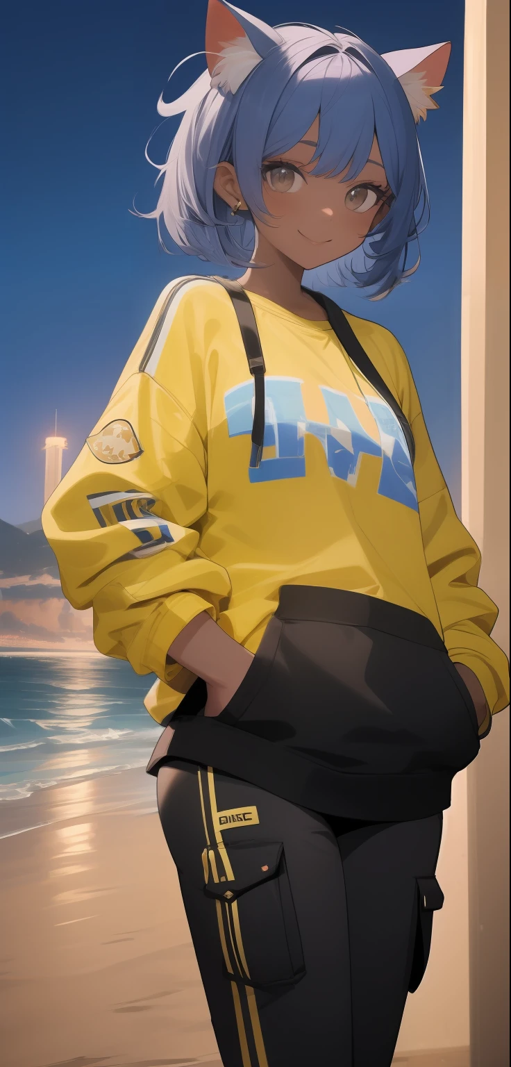 brazilian woman, dark skin, perfect brown eyes, details, elf ear, eyebrow, smiling, lips, short straight blue hair, dyed nape pink, Coolane Rhinestone Skeleton Pattern Cami Top With Sweatshirt Super Short, Dianhua Men's Cargo Pants Harem joggers in casual hip hop sweatshirt with multiple pockets, thin waist, thick legs, thick thighs, background scenery, ultra detailed rio de janeiro, beach, night light, night, beautiful night