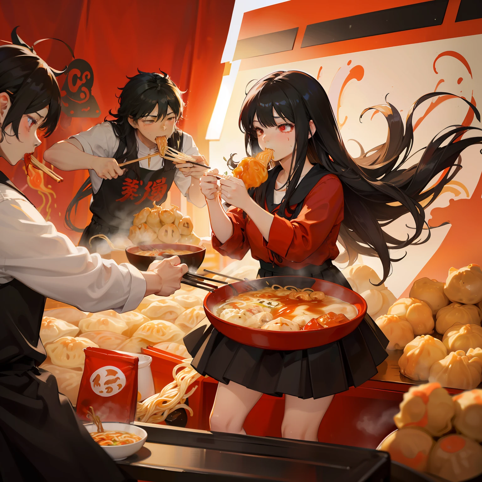 ​masterpiece、hightquality、vivd colour、(((Long Black Hair)))、(((Red Shirt)))、(((a black skirt)))、(((eating ramen noodle)))、(((Dumplings)))、(((food fight)))