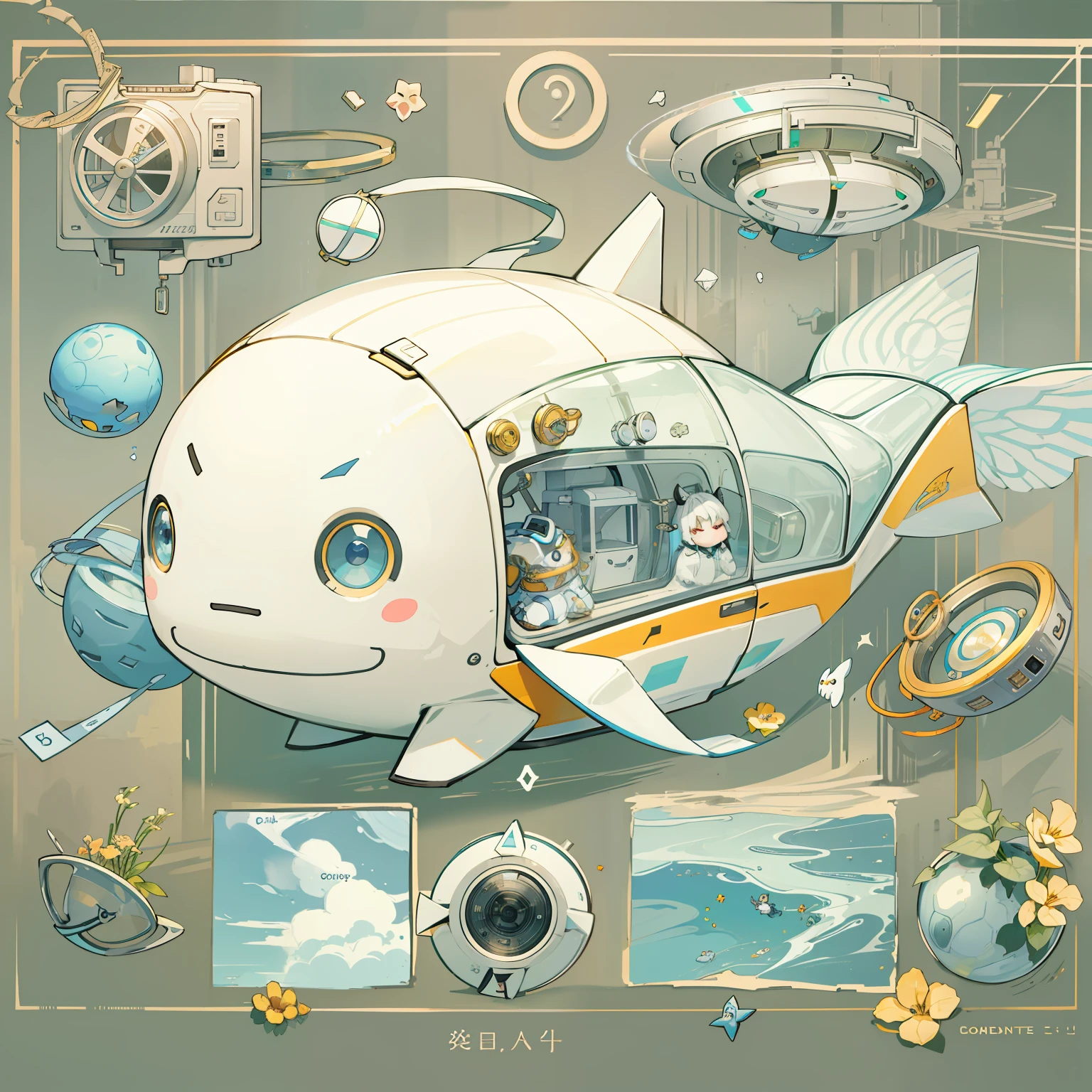 Q version,quadratic element,Cute mechanical whales,Background with:white colors,best qualtiy,super adorable