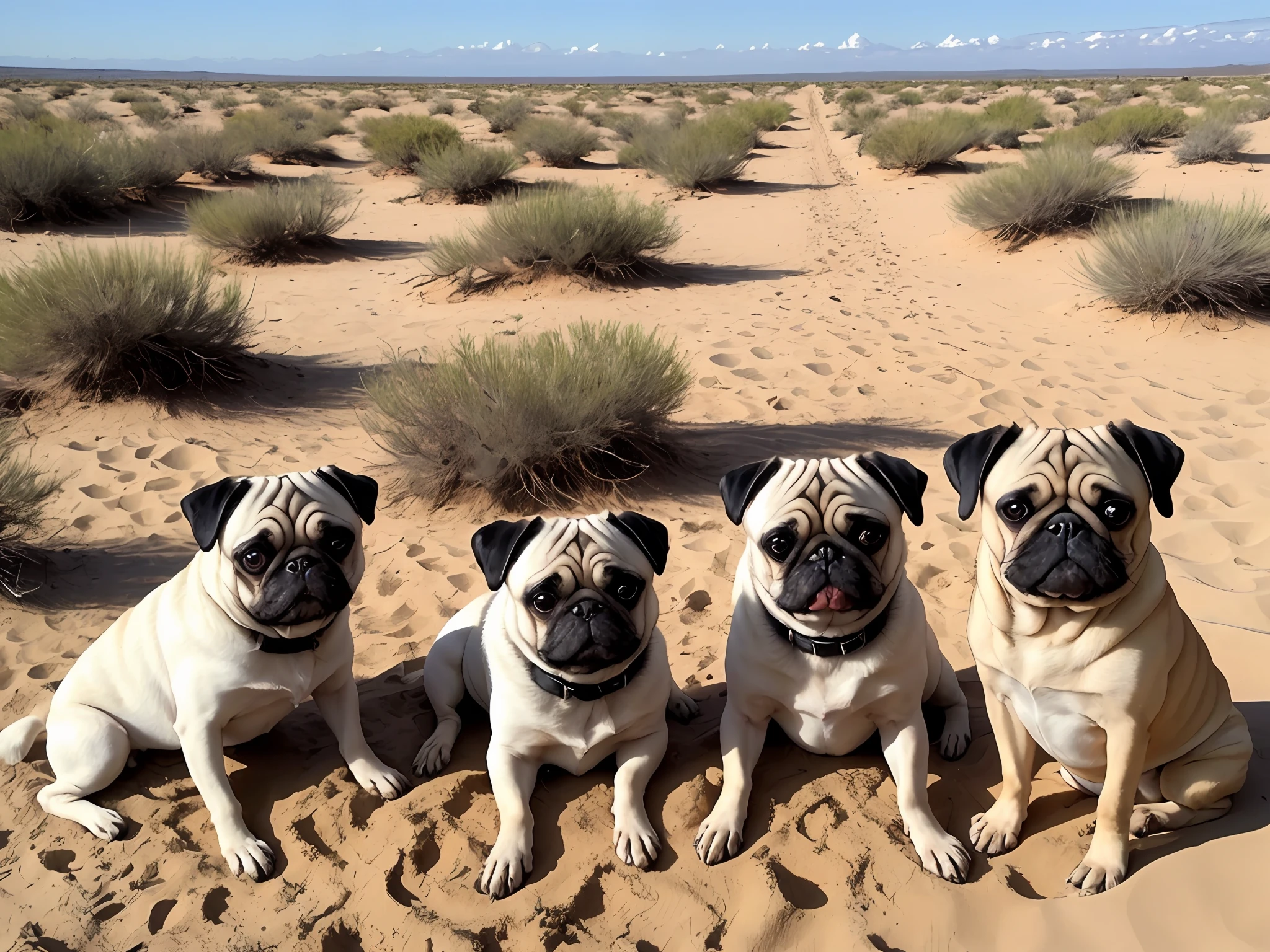Deserto, 3 suns, sol vermelho, sol laranja, pug