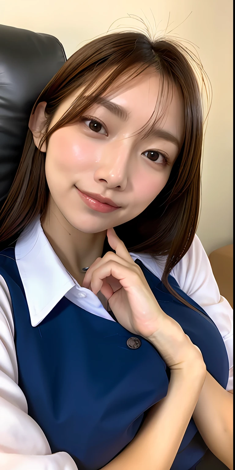 ulzzang-6500-v1.1, (Raw photo:1.2), (Photorealism), Beautiful detailed girl, Very detailed eyes and face, Beautiful detailed eyes, Huge file size, (Big), High Resolution, Very detailed, Best quality, [Masterpiece:1.6], [JK Uniform], Illustration, Very detailed, CG, Fine detail, Best quality, Very detailed CG uniform 8k wallpaper, Movie Lighting, 1 girl, ************, cute Japan high school girl, perfect figure, [wearing white school blouse unbuttoned], large taut breasts, [huge breasts, heavy breasts, H cup: 1.8], cute drooping eyes, beautiful big eyes, white school blouse, bra, sweaty and wet, [sexual arousal: 1.1], lying in bed: 1.5], hands raised, School uniform ribbon around neck, smile, (the whole body is wet), shining eyes