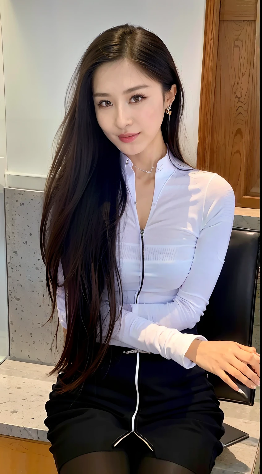 Exquisite, masterpiece, beautiful details, colorful, delicate details, delicate lips, intricate details, large breasts, black sunglasses with cool, 1 woman, (a beautiful 20-year-old cute Korean woman: 1.1), (kpop idol, Korean mixed), (50mm Sigma f /1.4 ZEISS lens, F1.4, 1/800s, ISO 100, photograpy:1.1), (photorealistic:1.4), (SPY:1.2), (Open Jacket,Shirt, Skirt,Tie,Black Pantyhose,Christian Louboutin\(Brand\),:1.3), Earrings, Necklace, Armbands, (Tavern, Bar:1.2), (Beautiful Legs, High Girl, Skinny, slim_legs, thigh_gap, Model:1.2), Lens flare, viewed from the front, (cool expressions), dynamic poses, (makeup: 1.2), (sitting in a wide office boss chair))
