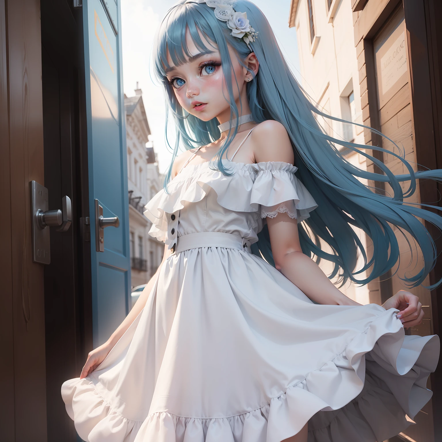 a girl, blue hair, blue eyes, white dress