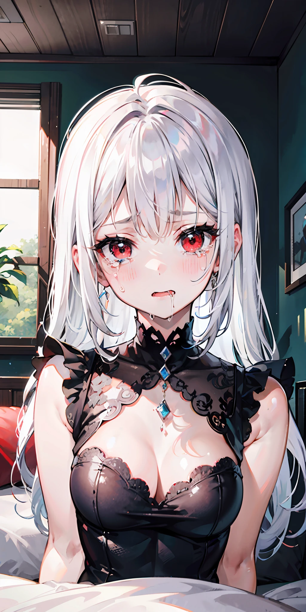 White hair, Long hair, Red eyes, Senior sister, inns, Bed, Messy clothes, Tears, Drooling, Flushed face, Conquered