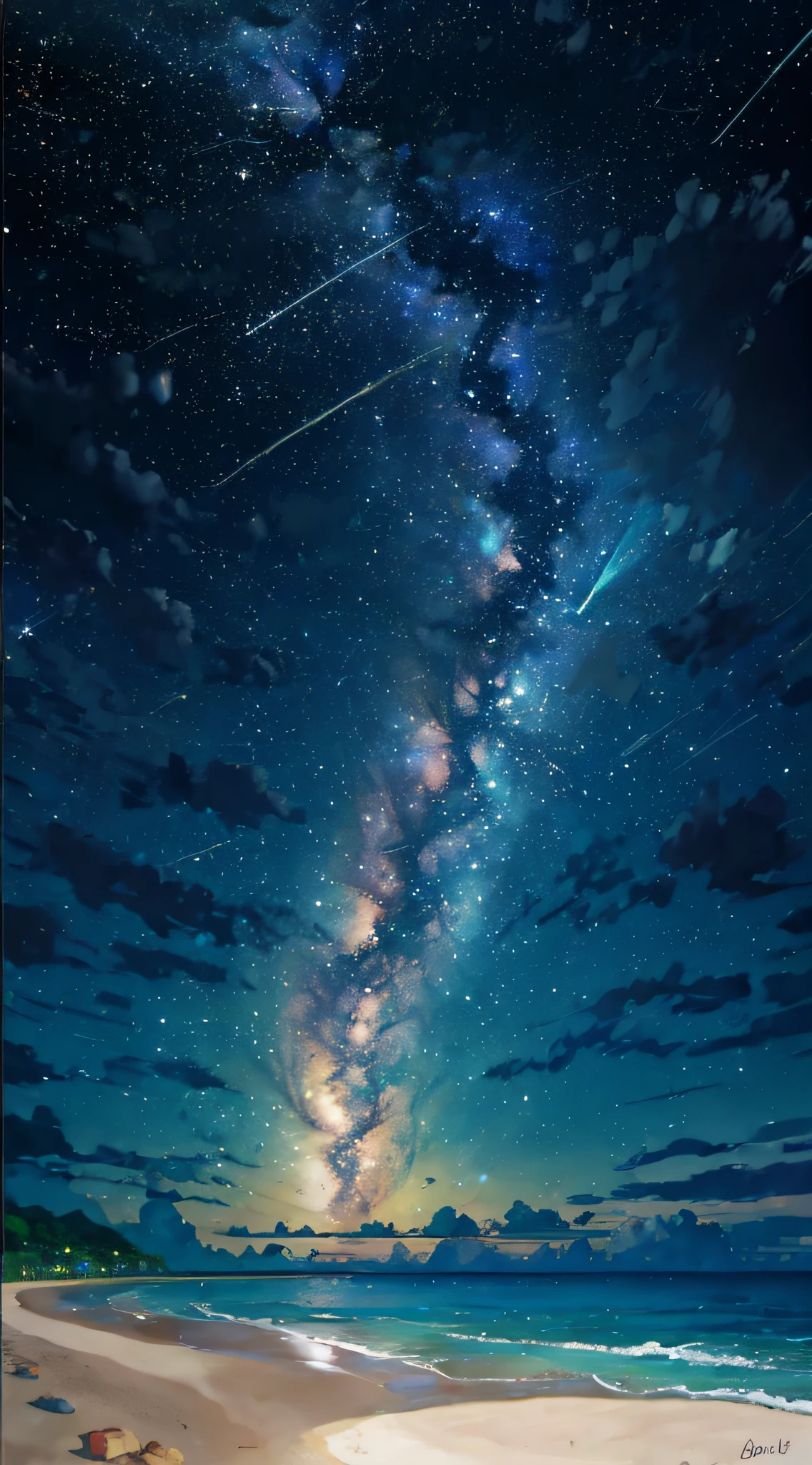 (zoom:1.1), (meteor shower:1.2), (comet:1.1), low angle, arora borealis, shooting star, top quality, masterpiece, clouds, colorful, southeast Asian beach, summer, seascape, small islands
