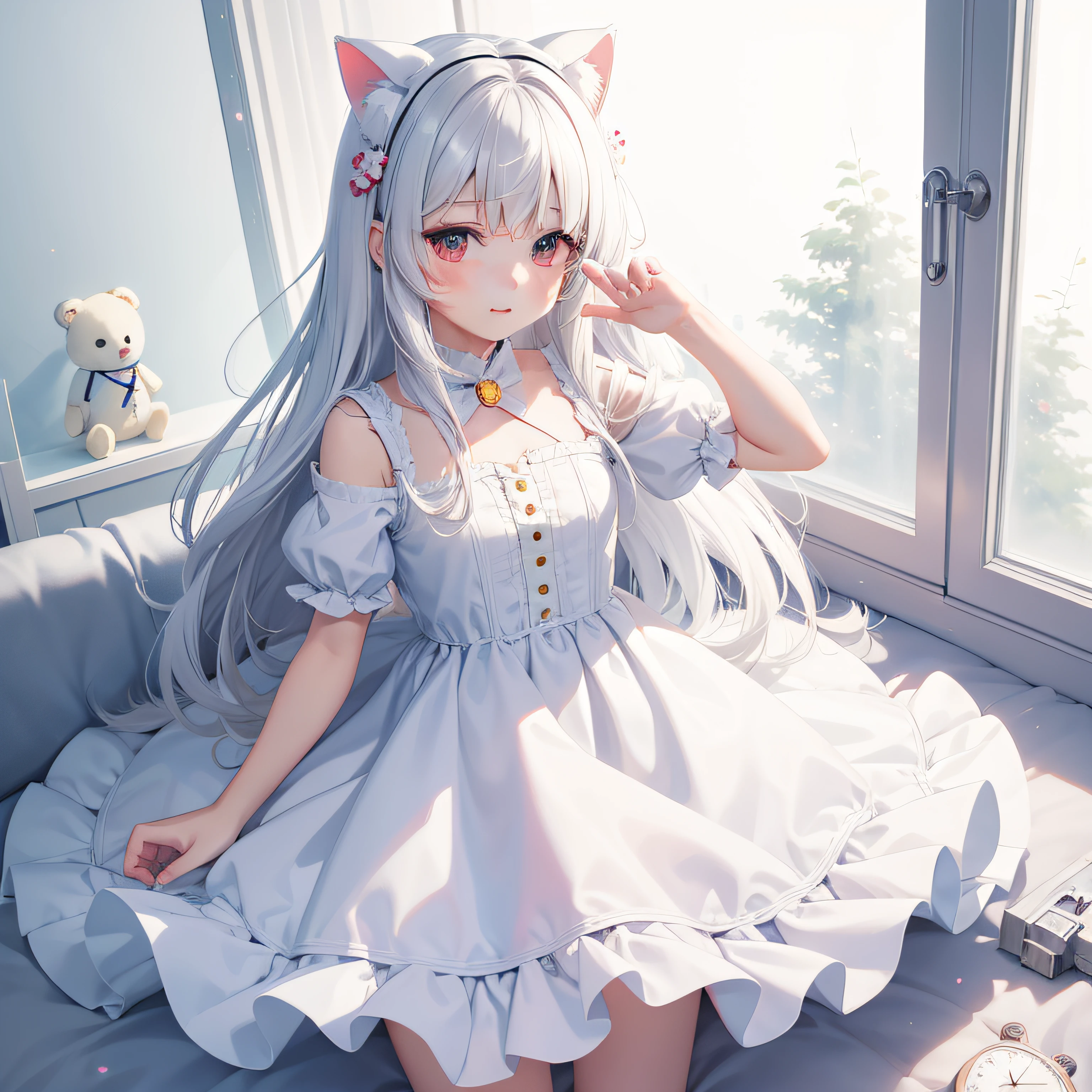 Anime girl wearing white dress，Teddy bears and clocks, Soft anime illustration,  in dress, White Cat Girl, Pisif, anime barbie in white, Pisif style, Digital art on Pisif , Lolilash art anime Loli, Whrabbit, Guweiz in Pixiv ArtStation, small curvaceous loli, zerochrt