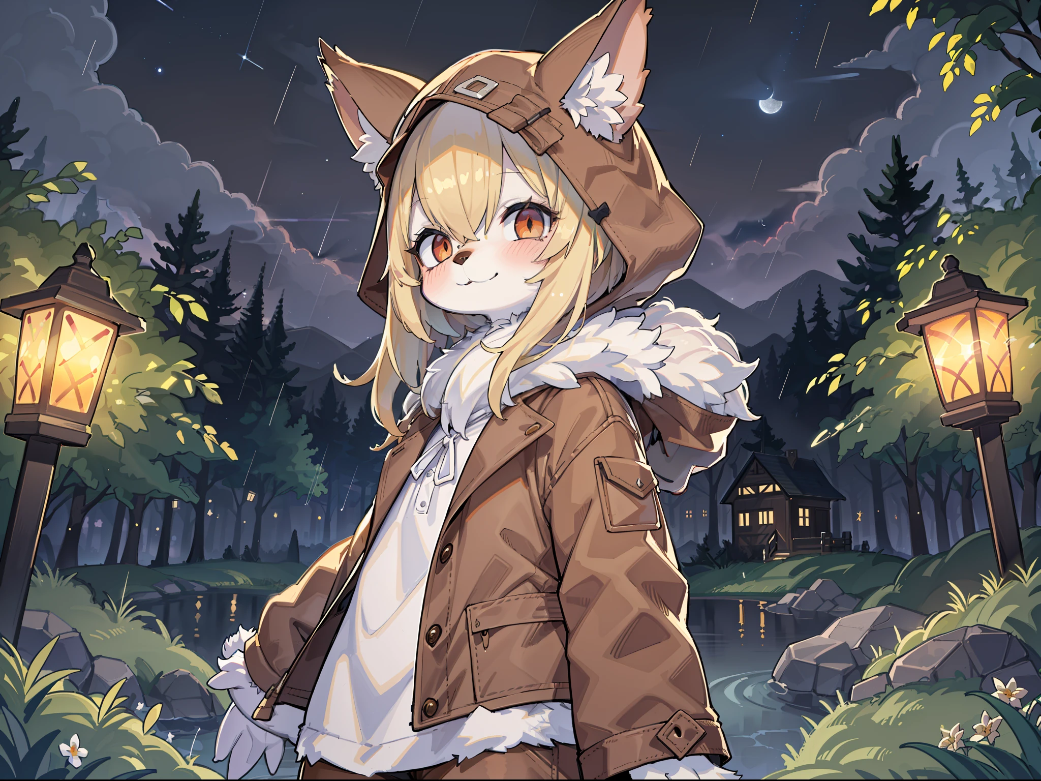 Shota the fox,hairy pubic,shaggy,Skin fur,Golden fur,Golden yellow face fur,Short straight blonde hair,Eyes have light,Red eyes,Brown elements on fur,Brown coat brown hood up,Star pattern white top,brown shorts,Beautiful lights and shadows,Ambient light,Ultra-fine fur,volumettic light,natural lightting,Fluffy tail,No Man, Lake, dark scenery, rain,Night,starrysky,Vast landscape,crossed bangs, Hairline, Shiny hair, lone nape hair, ,Dilated pupils,Sleepy,(moon full:1.2),(meteors:0.9),(Starcloud:1.3)(Warm light source:1.2),Rained,wetclothes, (overcast sky, Standing downpour:1.1), Extra-long sleeves, Purple and orange,Complicated details,Volumetriclighting,Realist breakthrough(tmasterpiece:1.2)(best qualtiy),4K,Ultra-delicate,(Dynamic configuration:1.4),Highly detailed and colorful details,(Irridescent color :1.2),(luminouslighting,Atmospheric lighting),dream magical,magic,(独奏:1.2)Glowing light,Light blush, Smiling face with a faint blush, smiley,Single