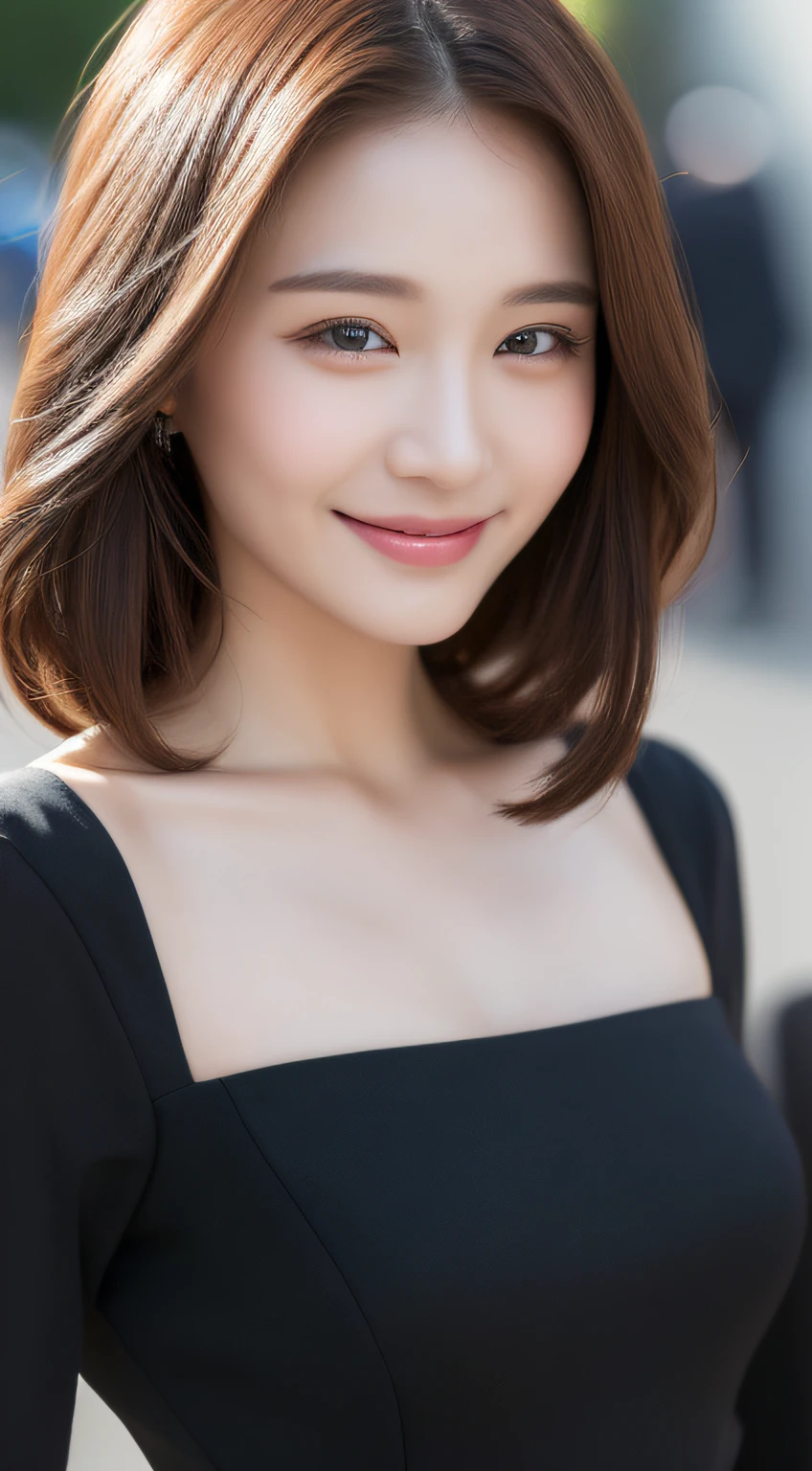 ((Best quality, 8k, Masterpiece :1.3)), 1girl, smiling, full body, slim face, Pretty woman, (Dark brown hair), full length dress :1.1, Ultra-detailed face, Detailed eyes, Double eyelid, blur background, slim face, city, outside, street,