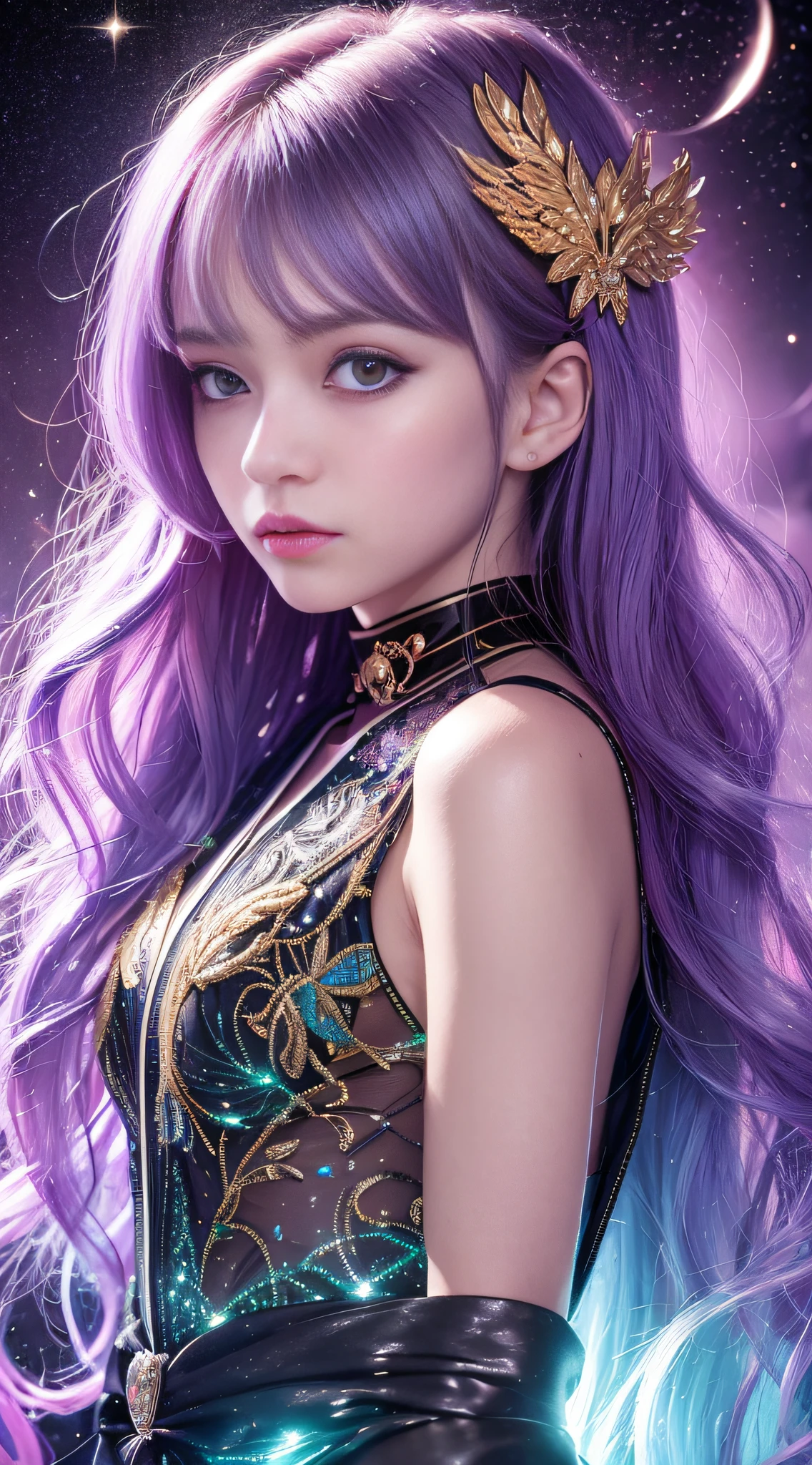 Background: Mysterious quantum environment, Cosmic elements and ethereal atmosphere,A mix of bright lights and colorful nebulae. Theme: A mysterious girl with a magical aura. She has long, Colorful wavy curls, The shiny hair stands out. His eyes are deep and expressive, Reflection Universe. She wore a flowing dress in purple and blue, With intricate details and mysterious textures. Color Palette: A combination of mysterious shades such as cosmic purple, Sky blue, Soft pink and a touch of gold. Create contrasts, Increase depth, Dark color, Such as dark purple or night blue. Aesthetics: The aesthetic combines elements of Mistycore, Known for its mysterious and ethereal atmosphere, and crystal cores, With its crystal clarity and sparkling details. The girl exudes magical energy,Her presence hangs over her,mesmerising. Covered with: Keep subtle glowing effects and glitter overlays around the girl, Covered with: Add a soft glow effect around the girl and crystal, It seems to exude magic. Also, Add small details of flash,Enhance the ethereal atmosphere.