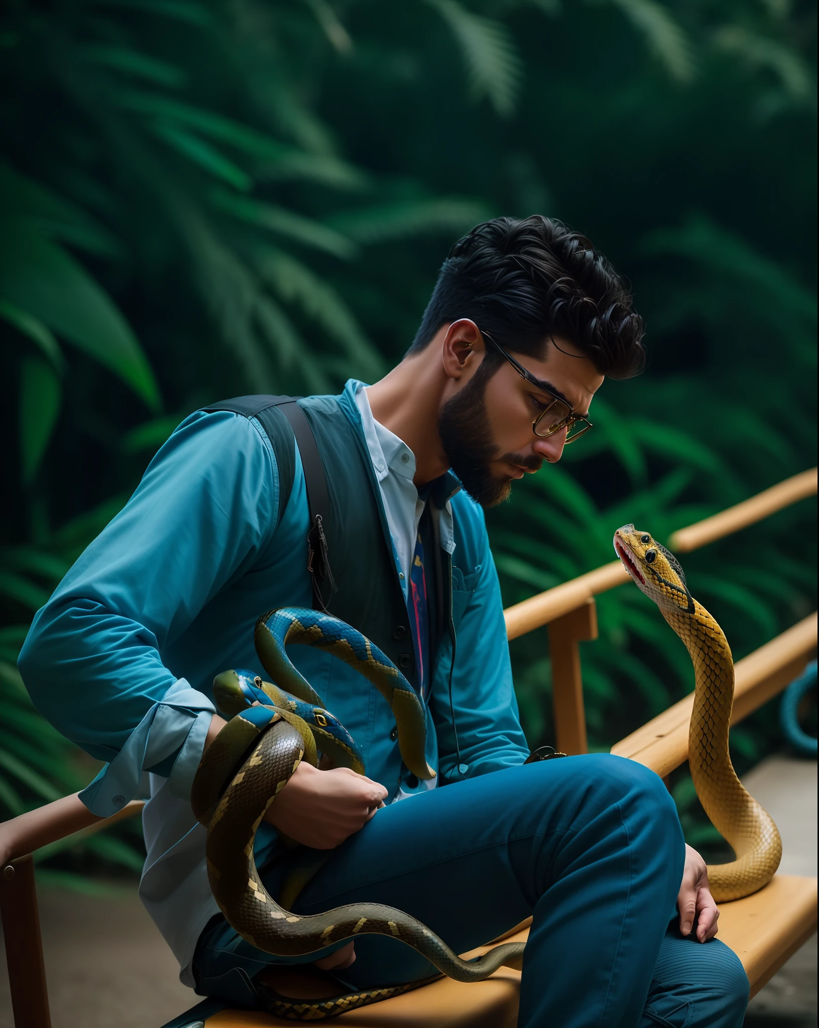 there is a man sitting on a bench holding a snake, with snakes for hair, cinematic shoot, movie stills photography, snakes for hair, cinematic photo shoot, holding a snake, in conceptual & cobra style, taken with sony a7r camera, snake is surrounding them, casual photography, shot on nikon z9, snake human hybrid, stylish pose