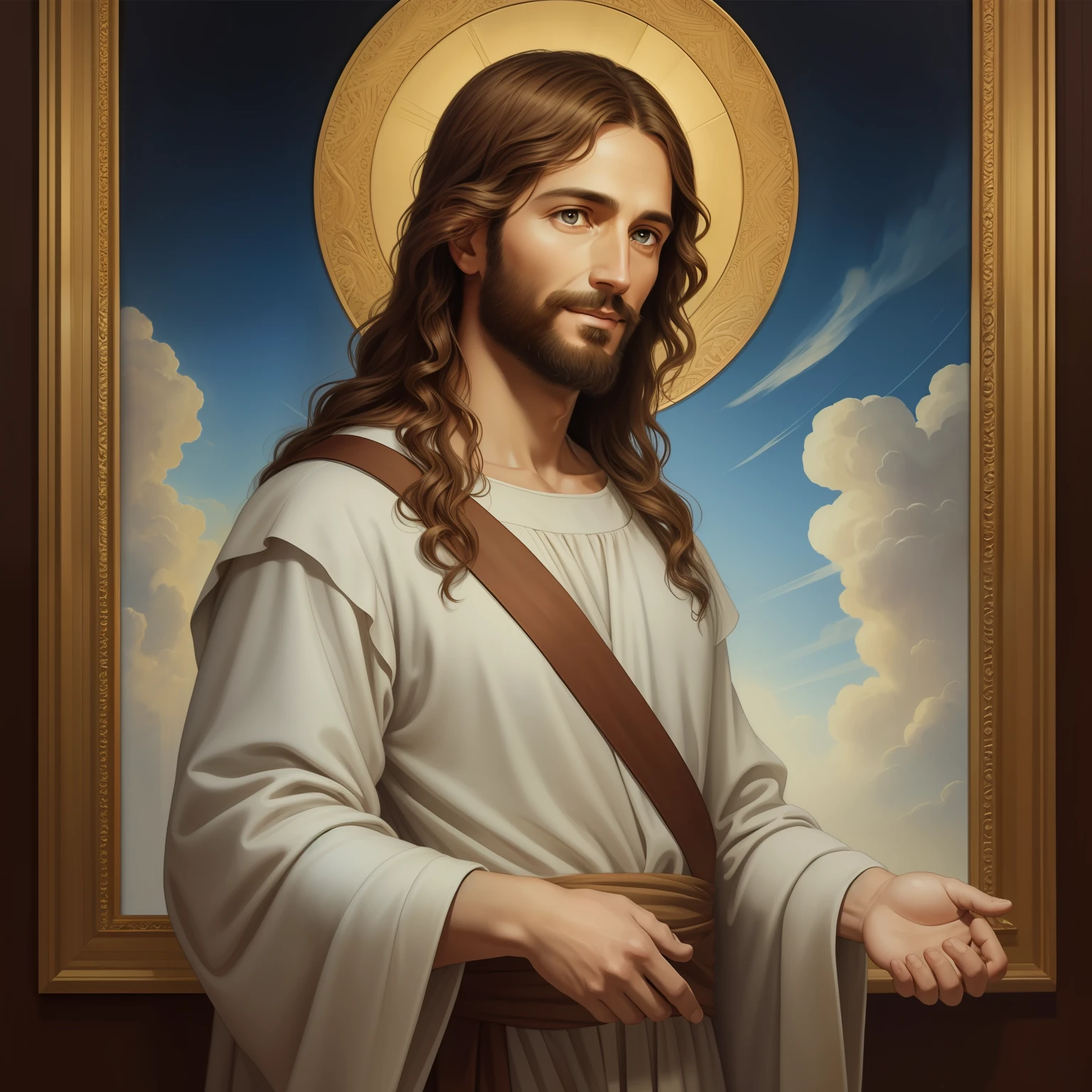 A beautiful ultra-thin realistic portrait of Jesus, the prophet, a man 34 years old Hebrew brunette, short brown hair, long brown beard, with, wearing long linen tunic closed on the chest part, in front view, full body, biblical, realistic,by Diego Velázquez,Peter Paul Rubens,Rembrandt,Alex Ross,8k, Concept Art, PhotoRealistic, Realistic,  Illustration, Oil Painting, Surrealism, HyperRealistic, Digital art, style, watercolor 
a 3D Realistic of jesus with a halo in the sky, jesus christ, smiling in heaven, portrait of jesus christ, jesus face, 33 young almighty god, portrait of a heavenly god, greg olsen, gigachad jesus, jesus of nazareth, jesus, the face of god, god looking at me, he is greeting you warmly, he is happy, avatar image