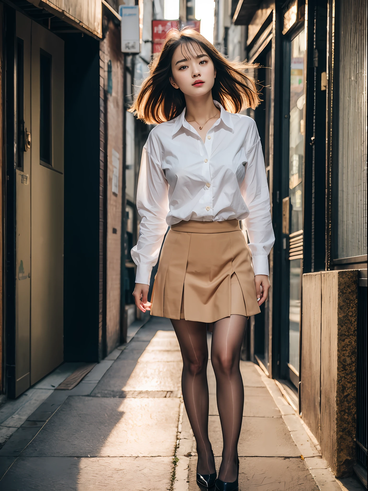 ,(RAW photo:1.2), (Photorealistic:1.4), Beautiful Meticulous Girl, very detailed eyes and faces, Beautiful detailed eyes, ultra - detailed, A high resolution, The is very detailed，best qualtiy，tmasterpiece，The shirt，a skirt，illustratio，The is very detailed，unified，8k 壁纸，finely detailled，tmasterpiece，best qualtiy，Unity8k wallpapers，light in face，cinmatic lighting, 1girll, 16 years old，(Camel toes)，(full bodyesbian)，are standing，Shirt short top，鎖骨，Bigchest，short  skirt，black lence stockings，high-heels，the street，城市