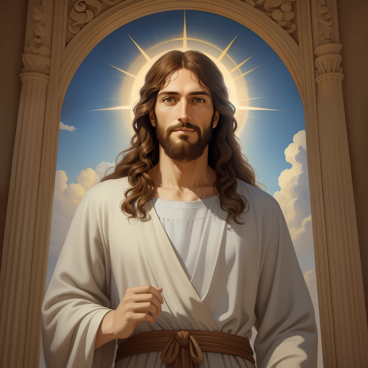 A beautiful ultra-thin realistic portrait of Jesus, the prophet, a man 34 years old Hebrew brunette, short brown hair, long brown beard, with, wearing long linen tunic closed on the chest part, in front view, full body, biblical, realistic,by Diego Velázquez,Peter Paul Rubens,Rembrandt,Alex Ross,8k, Concept Art, PhotoRealistic, Realistic,  Illustration, Oil Painting, Surrealism, HyperRealistic, Digital art, style, watercolor 
a 3D Realistic of jesus with a halo in the sky, jesus christ, smiling in heaven, portrait of jesus christ, jesus face, 33 young almighty god, portrait of a heavenly god, greg olsen, gigachad jesus, jesus of nazareth, jesus, the face of god, god looking at me, he is greeting you warmly, he is happy, avatar image