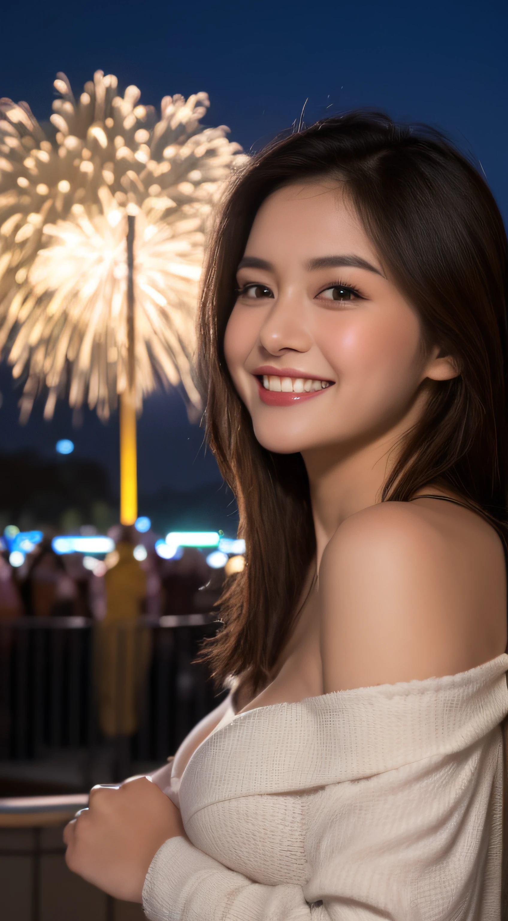 ((Night Scene, Realistic Light, Best Quality, 8k, Masterpiece: 1.3)), 1 Girl, Slim Body Beauty: 1.4, Brown Hair, (Big: 1.3), Off Shoulder Cut Top: 1.3, Ultra Detailed Face, Detailed Eyes, Double Eyelids, Disneyland, Fountain, Castle, Fireworks, Smile, Cleavage, Saggy