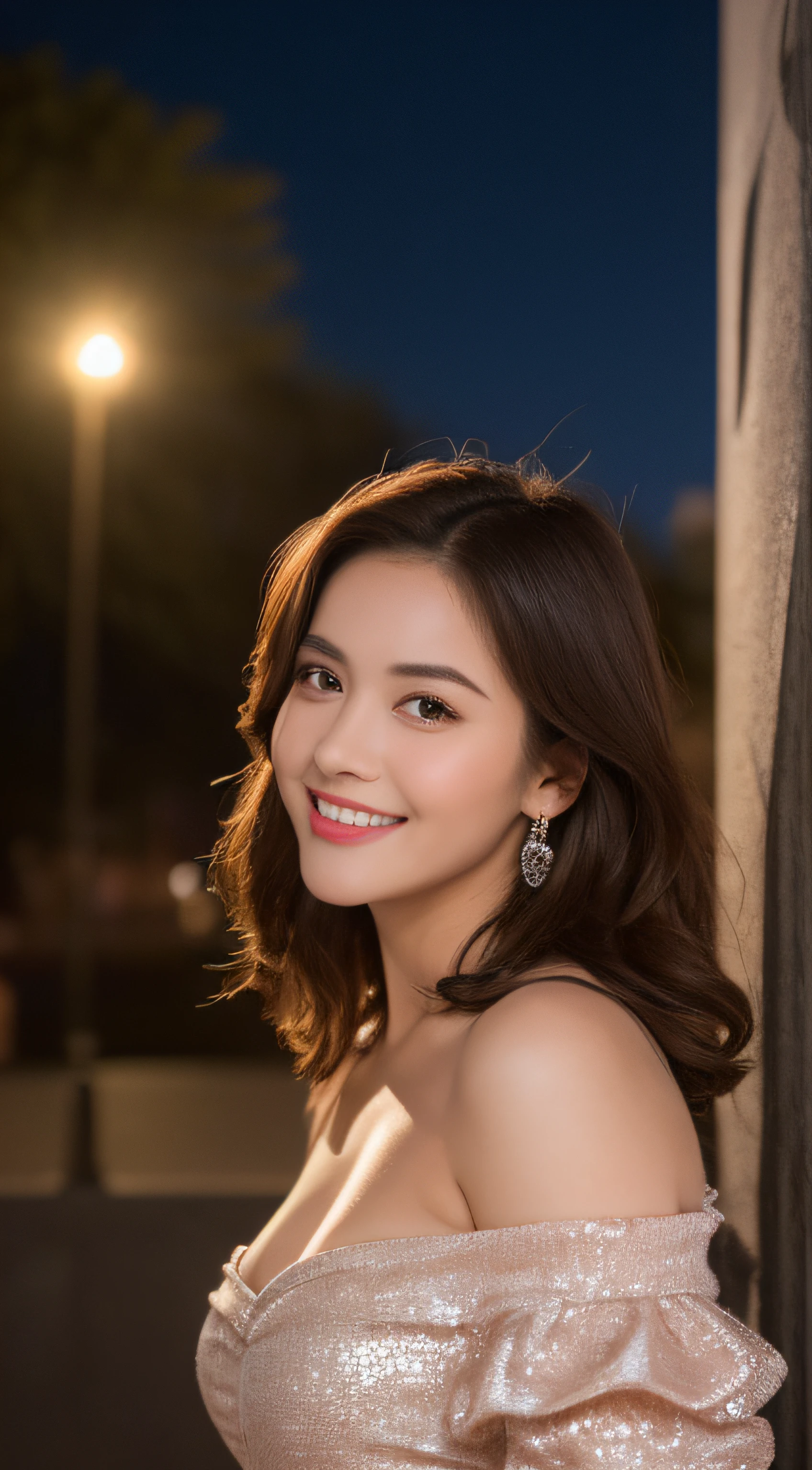 ((Night Scene, Realistic Light, Best Quality, 8k, Masterpiece: 1.3)), 1 Girl, Slim Body Beauty: 1.4, Brown Hair, (Big: 1.3), Off Shoulder Cut Top: 1.3, Ultra Detailed Face, Detailed Eyes, Double Eyelids, Disneyland, Fountain, Castle, Fireworks, Smile, Cleavage, Saggy