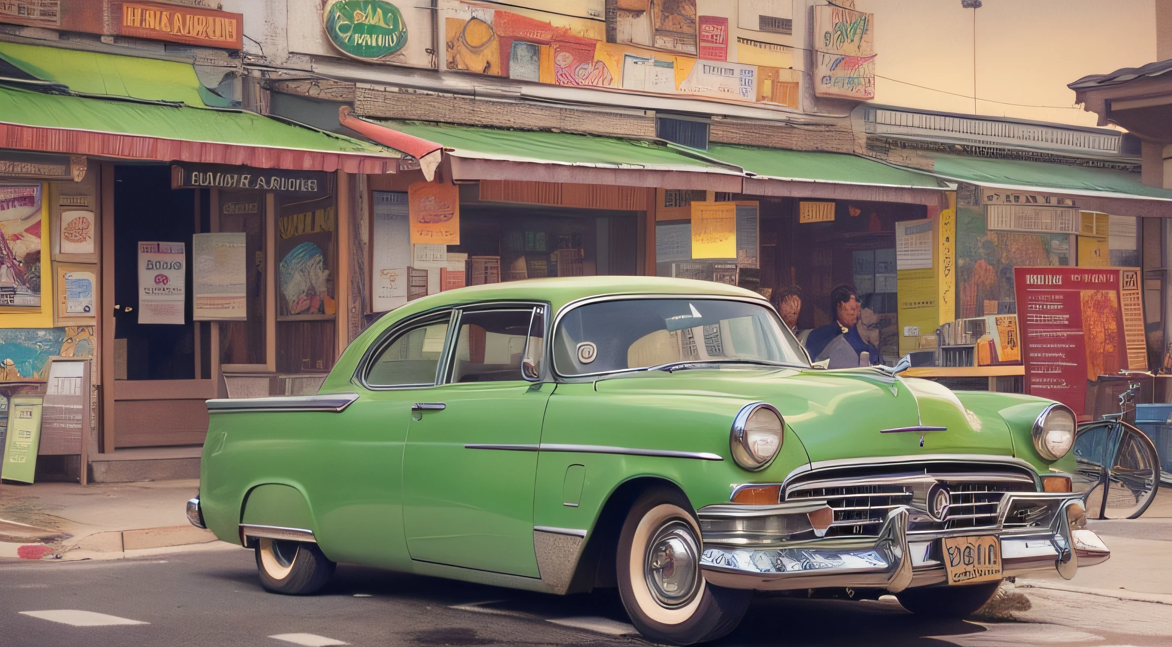 An old American car in green parked in front of a restaurant, Pop art painting by Hideto Suzuki, american scene painting, The Art of Instagram, Chillwave, Digital Illustration