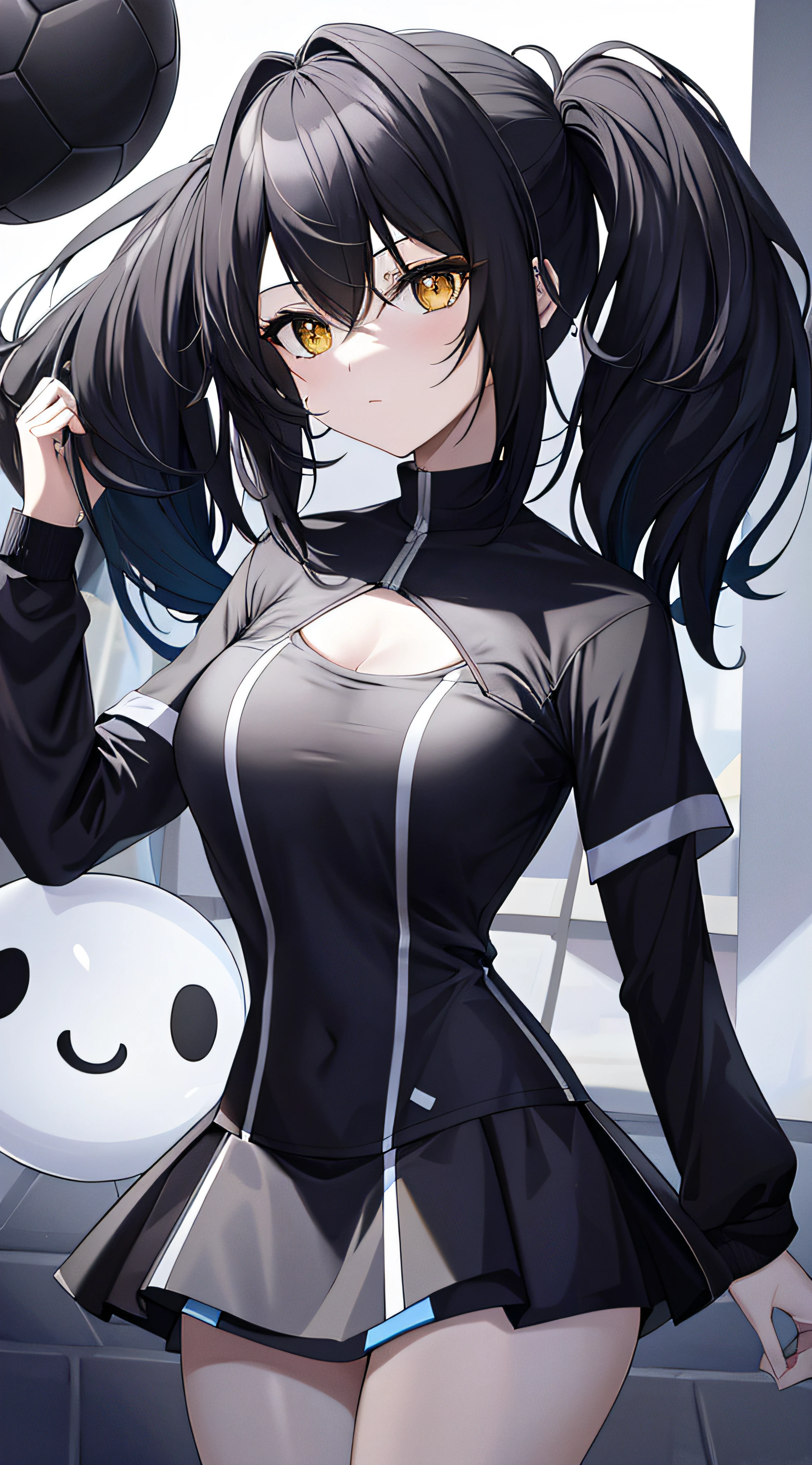 1girll,tmasterpiece,8k,quadratic element,4k,RTX,Shaders,Excellent texture work ,Standard stature,Dark tones,Demonize,black color hair,White demeanor,soccer ball,teens girl,Soccer baby,cheering party