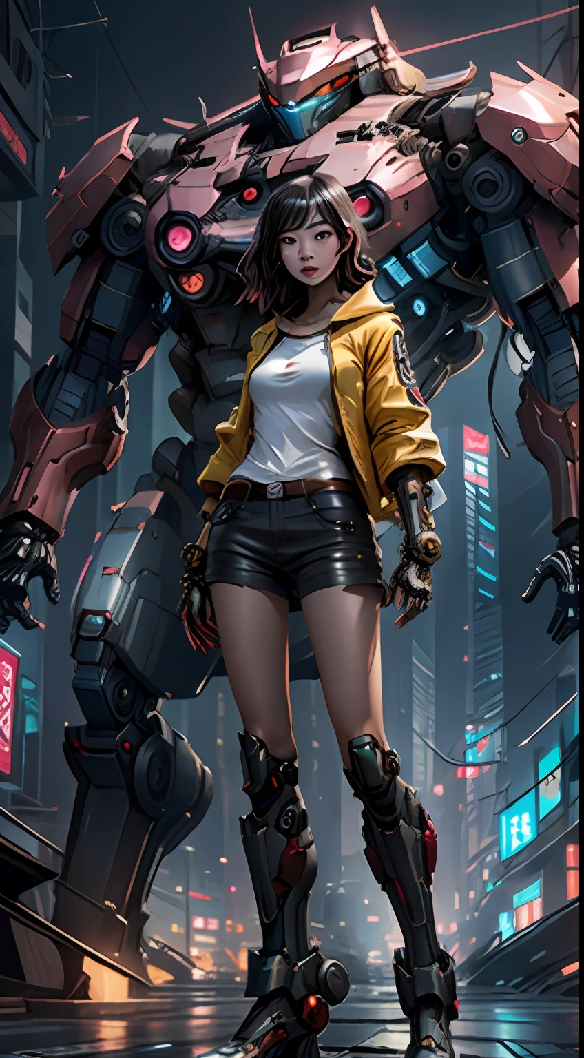 Boutique,best quality,Gold jewelry,(slip out feet),Fairy skin,(Fidelity :1.2),Standing,Super Detailed,realistic,High quality,Movie Light,Ray tracking,Ultra HD,Upper body
Girl in shorts and jacket standing next to giant robot, Guweiz style artwork, CyberPunk mech, Trends on CGSTATION, Guweiz, Russell Dongjun Lu, digital cyberpunk anime art, Ross Tran 8 K, Guweiz on ArtStation Pixiv, Girl in mecha network armor