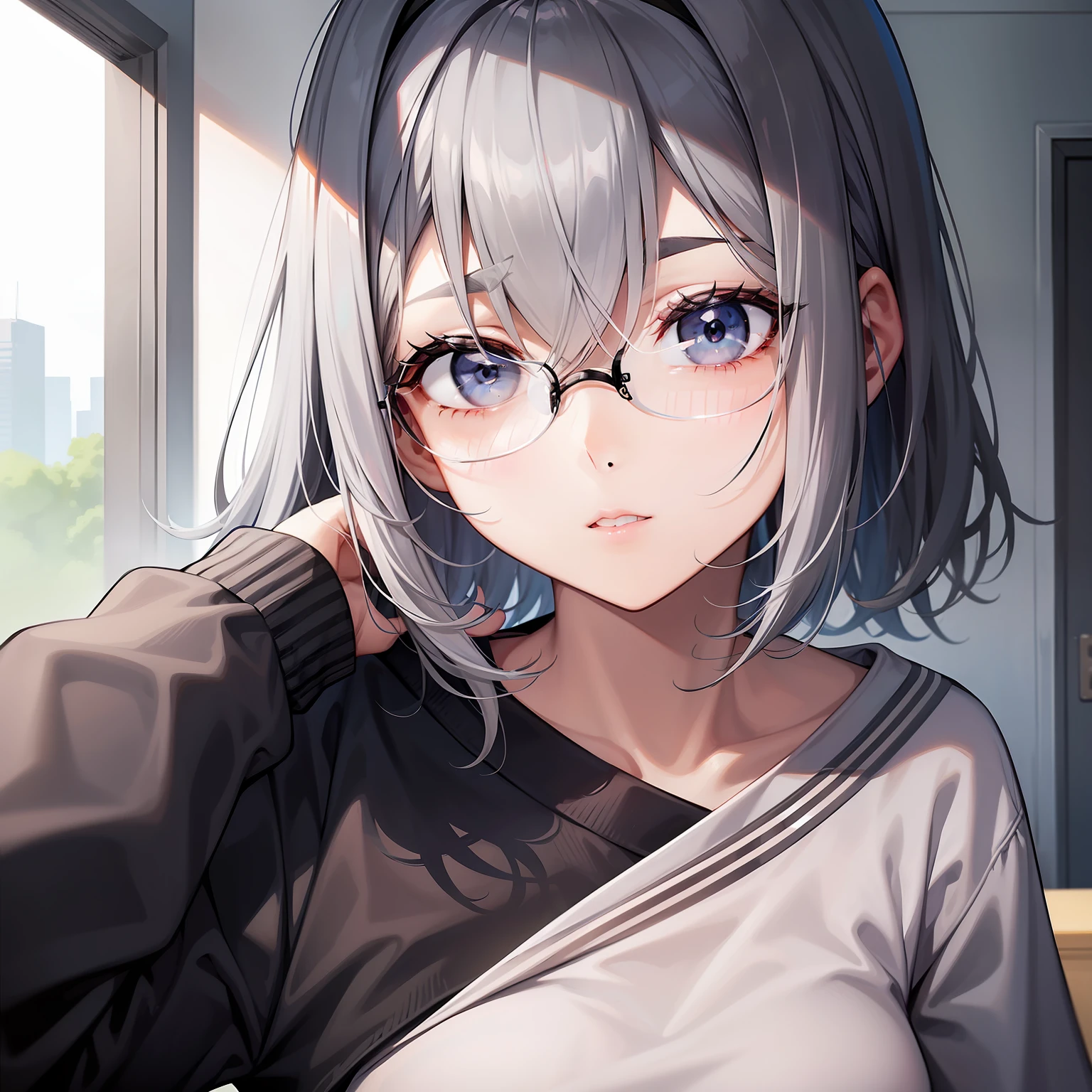 bob white hair、Black thin hair ornament on bangs、Gray eyebrows、Blue-gray eyes、Wear black-rimmed round glasses