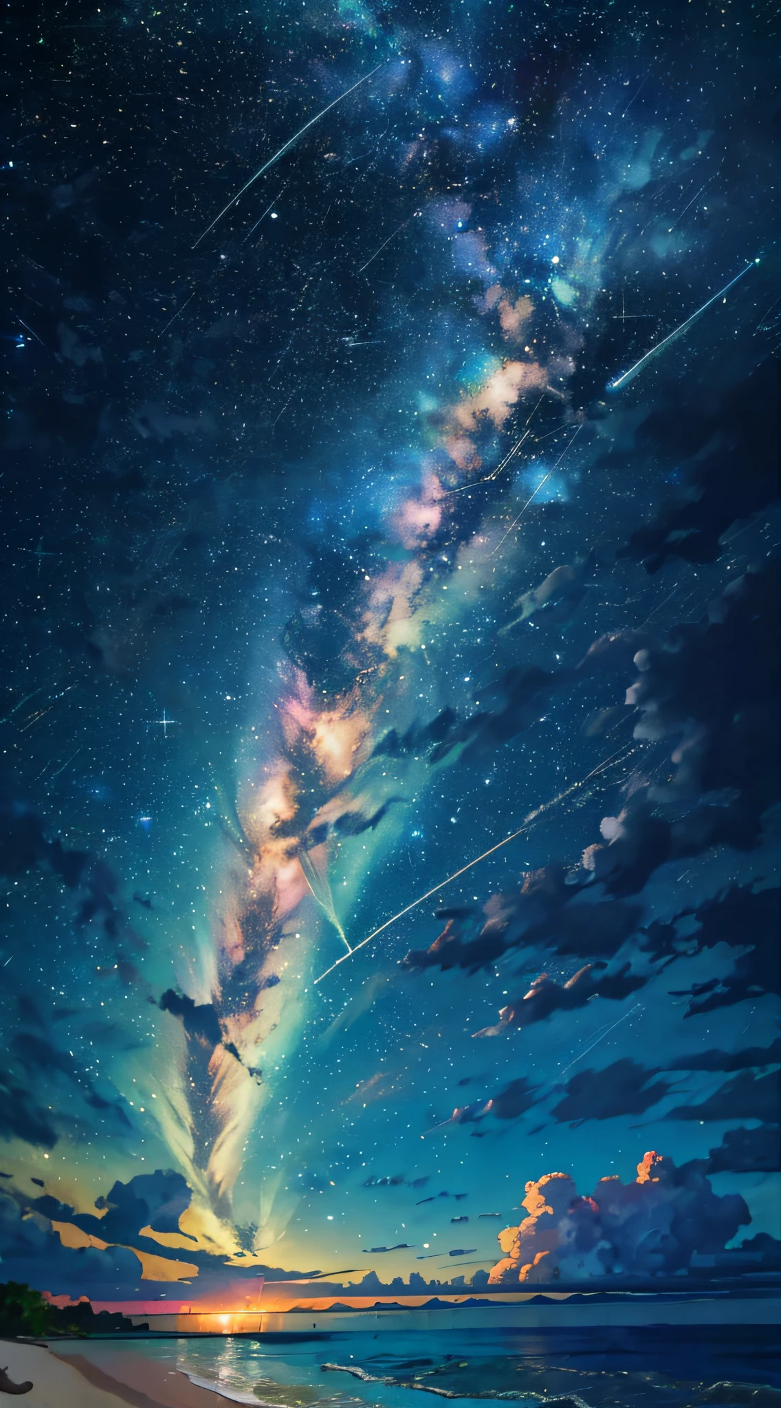 (zoom:1.1), (meteor shower:1.2), (comet:1.1), low angle, arora borealis, shooting star, top quality, masterpiece, clouds, colorful, southeast Asian beach, summer, seascape, small islands