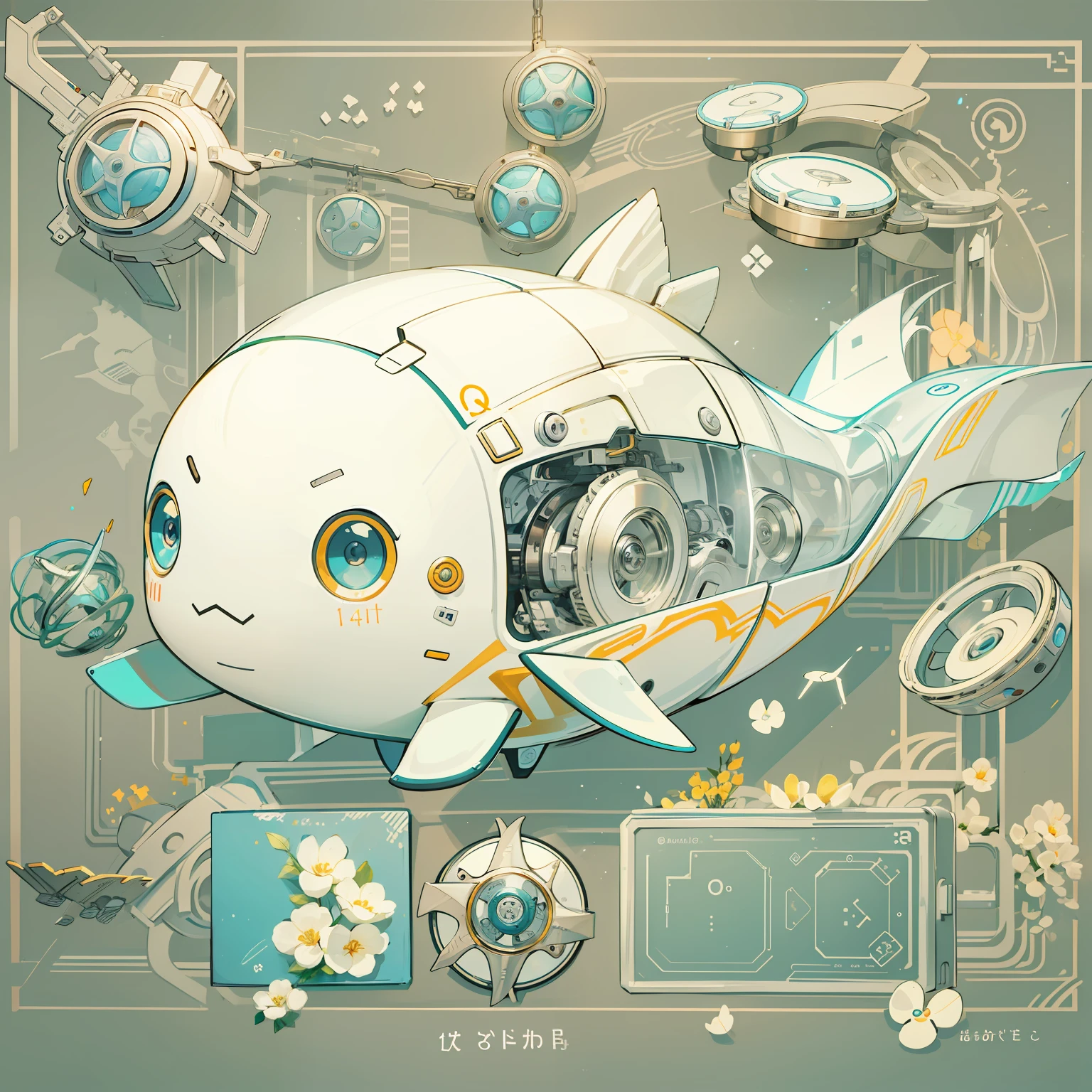 Q version,quadratic element,Cute mechanical whales,Background with:white colors,best qualtiy,super adorable