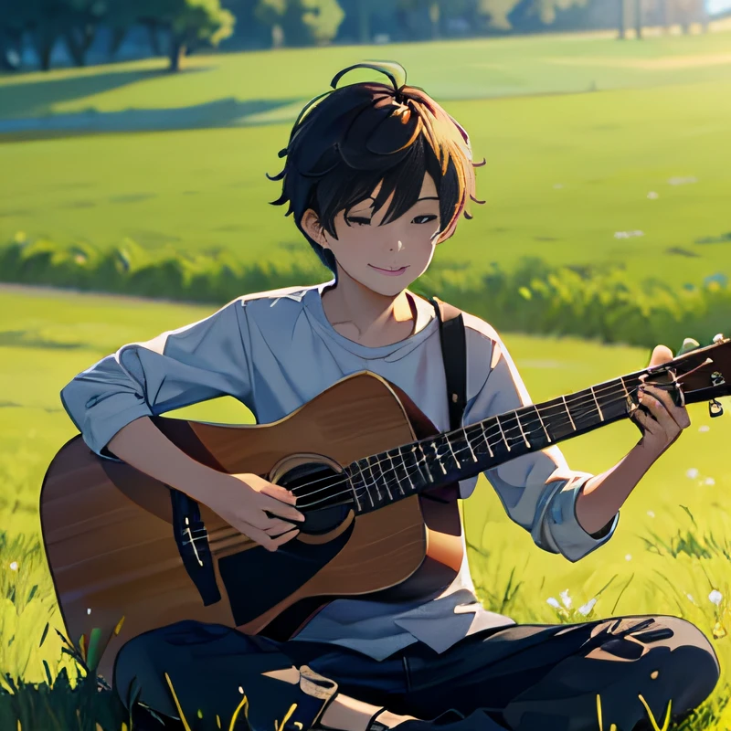 (best qualtiy,tmasterpiece:1.1),(fidelity:1.4),1boy, Play guitar, smile, sit in the field --auto