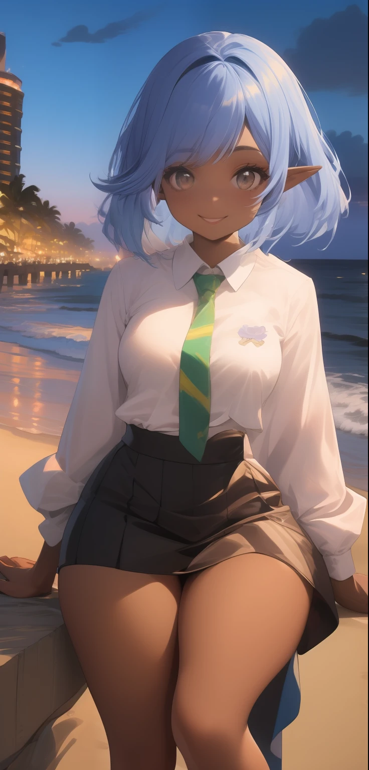 brazilian woman, dark skin, perfect brown eyes, details, elf ear, eyebrow, smiling, lips, short straight blue hair, painted on the nape pink, white long-sleeved shirt, tie, short skirt, thin waist, thick legs, thick thighs , background scenery, rio de janeiro ultra detailed, on the beach, night light, night, beautiful night