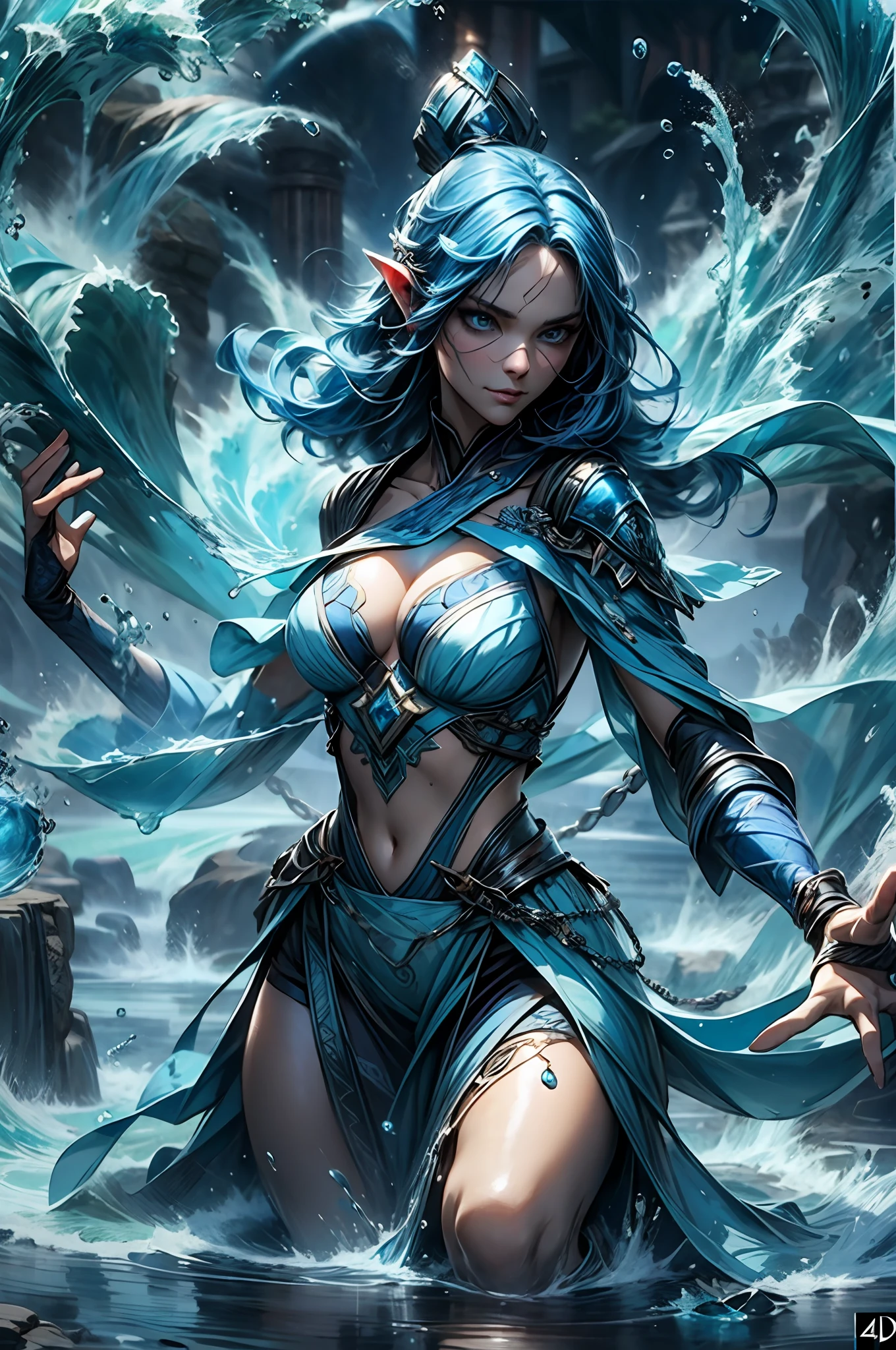 a beautiful demonic sorceress conjuring water casting a water spell,standing and looking at viewers, various water chains around her,(((detailed perfect face))),light smile, beautiful face, seductive body,tall body, mature body, BREAK water aura, water spear, water balls , water flow through her body, floating with a movement of her hand, blue transparent water splash dazzling around, water phoenix flying in the background, pure water on the ground just enough to cover her feet, water bender, floating water, water flows freely in the air,sexy body BREAK,Detailed,Realistic,4k highly detailed digital art,octane render, bioluminescent, BREAK 8K resolution concept art, realism,by Mappa studios,masterpiece,best quality,official art,illustration,ligne claire,(cool_color),perfect composition,absurdres, fantasy,focused