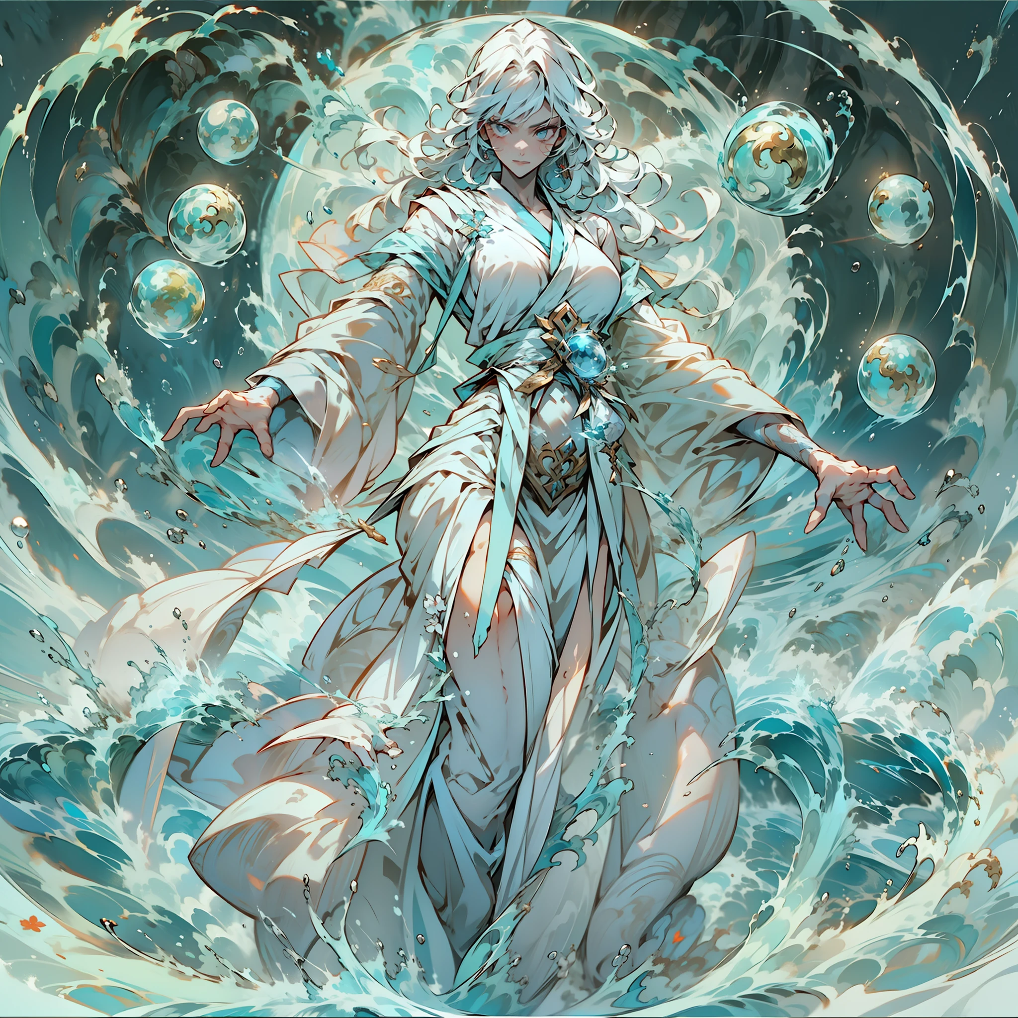 "a girl with flowing white hair and donned in a pristine white robe, showcasing her power over water. She stands with grace, charging a large water ball in front of her chest using both hands. The composition is symmetrical and focuses on her half body."