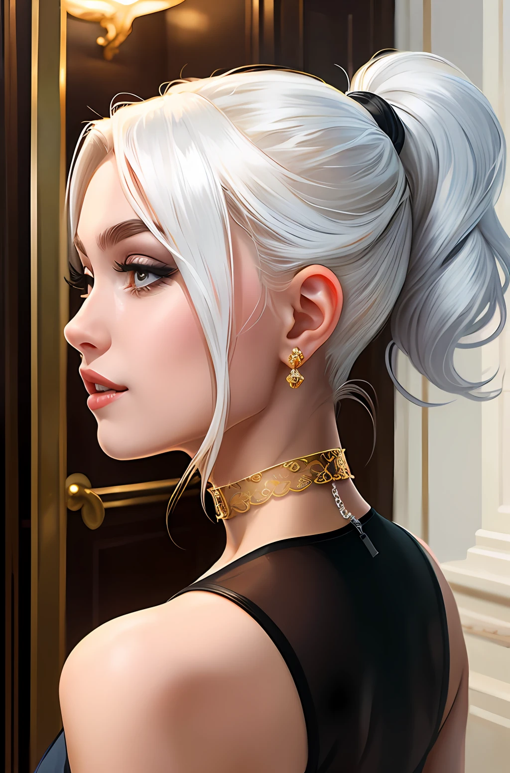 High ponytail,photorealestic,white color hair,ancientry,blue choker,filigree,,Thick coating,Gold earrings,Bigchest,mature