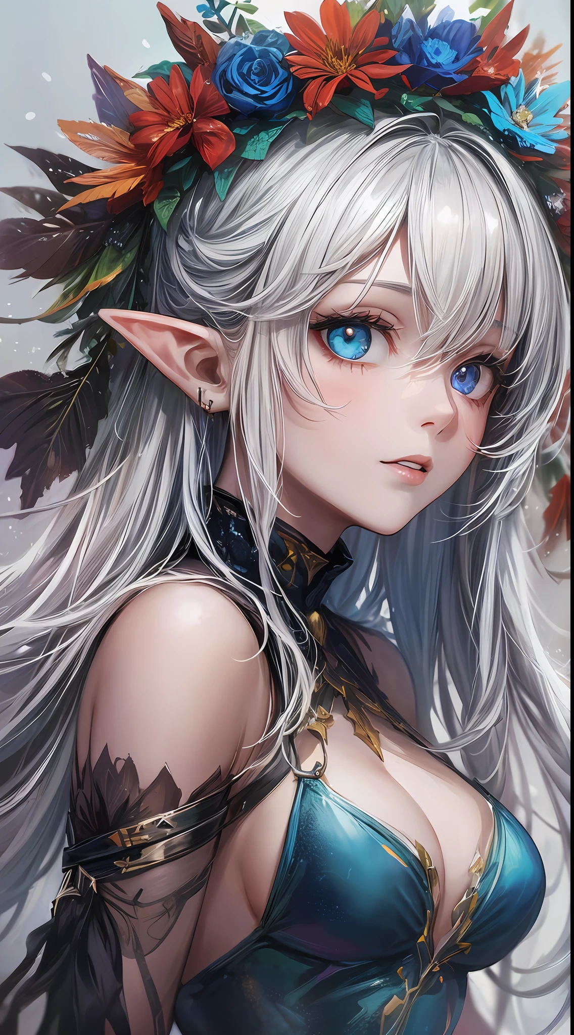 elf with a unique and striking appearance. As an albino, her skin lacks pigment, giving her an ethereal, almost otherworldly glow. Her hair is snow-white, cascading in soft waves down her back, a stark contrast to the usual colors found in the world.

Her eyes, a captivating feature, showcase her complete heterochromia. The left eye is a deep, mesmerizing red, while the right eye is a brilliant, enchanting blue. These captivating eyes seem to hold a wealth of emotions and experiences, drawing people into their depths.