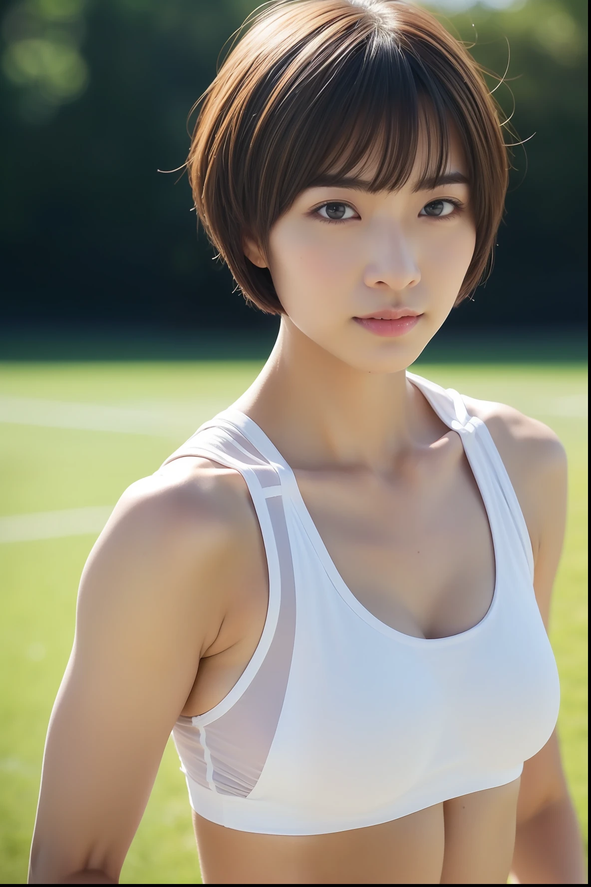 ((athlete))、full bodyesbian、(((Short-cut hairstyles )))、(((1人)))、((athletic field))、Tight pants that have bitten into、((Healthy))、kawaii girl、full bodyesbian、track and field、((A sexy))、((Moderate muscle))、((Women in Japan))、Photorealsitic、Beautiful detailed eyes、Hyper-Realism、highcontrast、Ultra HD、realistic skin textures、Top image quality、top-quality、超A high resolution、Fine details