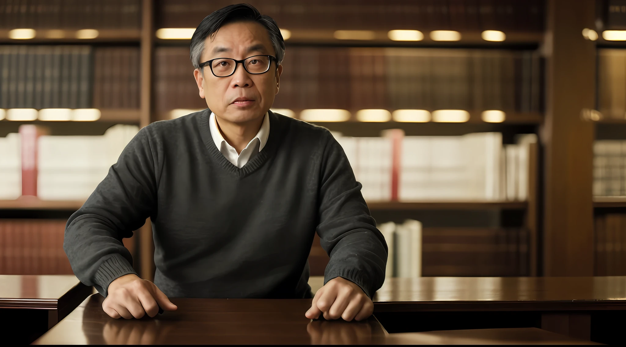 8k, photorealistic, highly detailed, (cinematic:1.3), middle-aged Asian professor working in dimly lit library, wearing sweater (dark:1.3), (depth of field), bokeh, film grain, wide shot, soft light, dim illumination, looking at camera