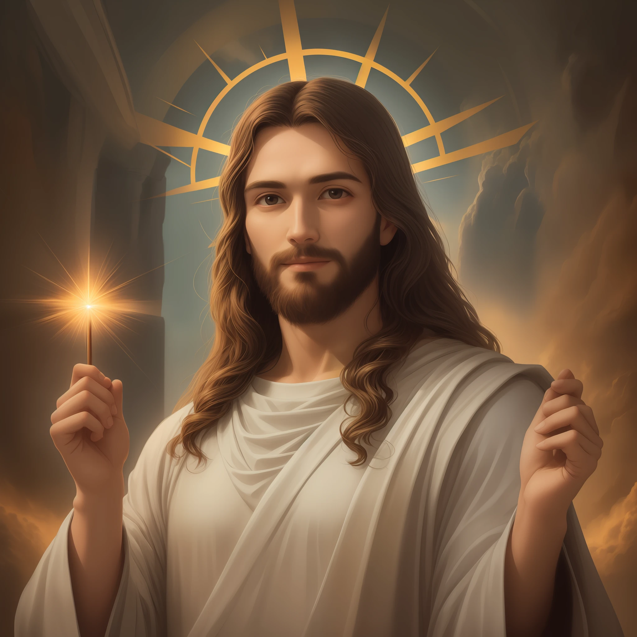 a 3D Realistic of jesus with a halo in the sky, jesus christ, smiling in heaven, portrait of jesus christ, jesus face, 33 young almighty god, portrait of a heavenly god, greg olsen, gigachad jesus, jesus of nazareth, jesus, the face of god, god looking at me, he is greeting you warmly, he is happy, avatar image, view blessing light heaven