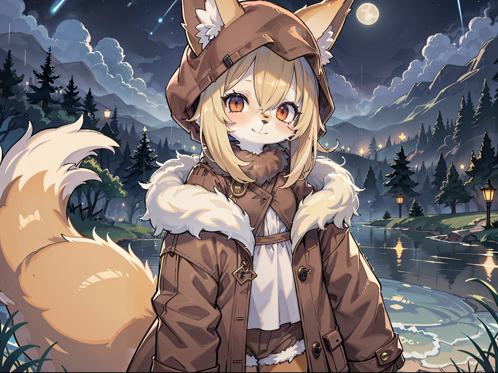 Shota the fox,hairy pubic,shaggy,Skin fur,Golden fur,Golden yellow face fur,Short straight blonde hair,Eyes have light,Red eyes,Brown elements on fur,Brown coat brown hood up,Star pattern white top,brown shorts,Beautiful lights and shadows,Ambient light,Ultra-fine fur,volumettic light,natural lightting,fox tails,Fluffy tail,No Man, Lake, dark scenery, rain,Night,starrysky,Vast landscape,crossed bangs, Hairline, Shiny hair, lone nape hair, ,Dilated pupils,Sleepy,(moon full:1.2),(meteors:0.9),(Starcloud:1.3)(Warm light source:1.2),Rained,wetclothes, (overcast sky, Standing downpour:1.1), Extra-long sleeves, Purple and orange,Complicated details,Volumetriclighting,Realist breakthrough(tmasterpiece:1.2)(best qualtiy),4K,Ultra-delicate,(Dynamic configuration:1.4),Highly detailed and colorful details,(Irridescent color :1.2),(luminouslighting,Atmospheric lighting),dream magical,magic,(独奏:1.2)Glowing light,Light blush, Smiling face with a faint blush, smiley,Single