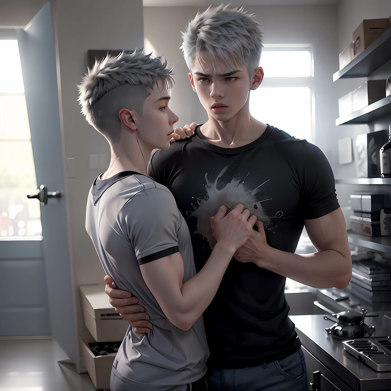 platinum gray hair A -yeld borabs his 15-year-o brr by neck , They are facing each other are fighting their angry face, grabs him by the shirt and threatens to hit him with his fist... , esta enfadado con ganas de golpearlo ambos tienen cabello gris plateado camisetas negras