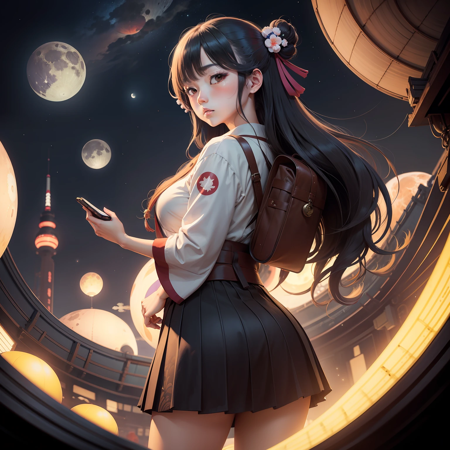 Ukiyo-e style　Tokyo Night Train　Big Moon　Spaceship in the sky　Floating schoolgirl　Spheres floating around