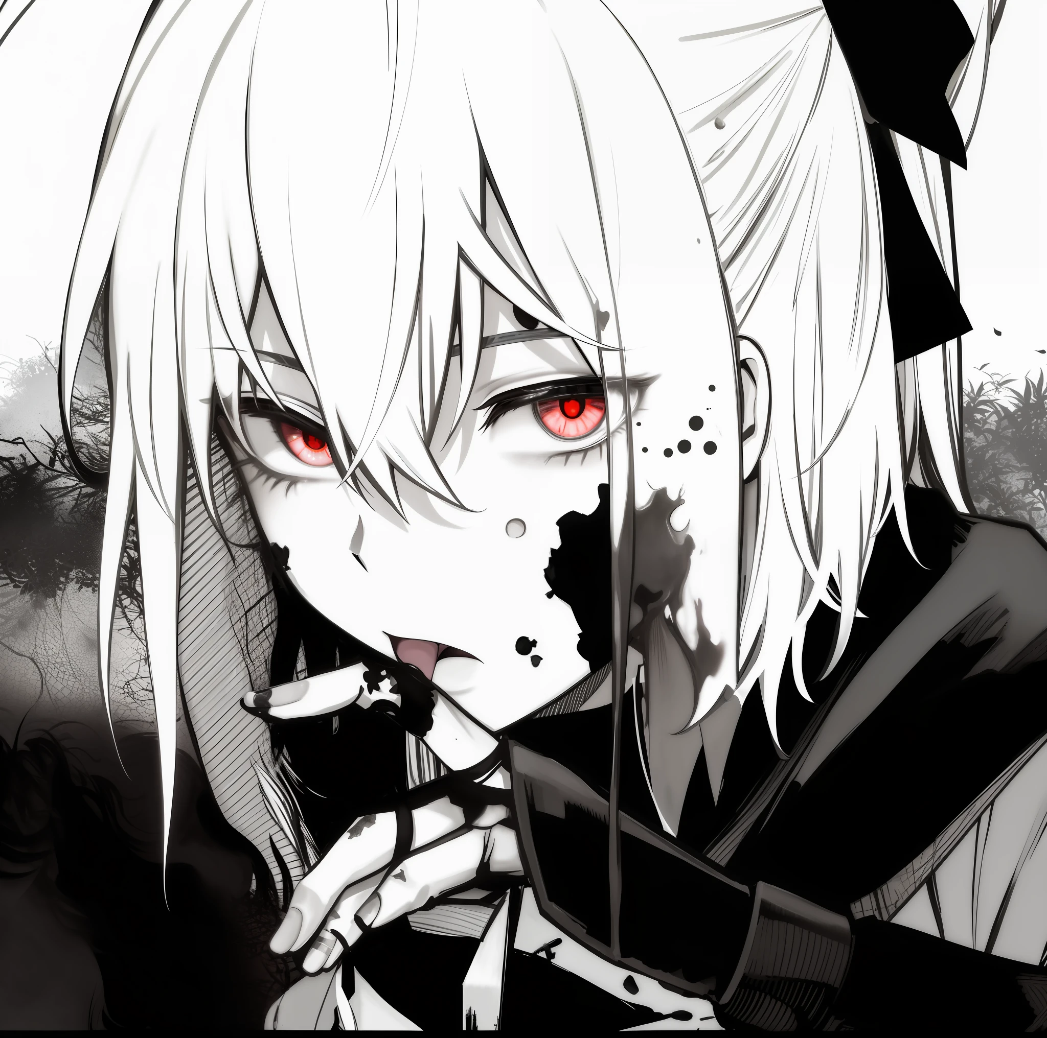 Anime girl with blood on her face, licking blood on her fingers, white hair, golden eyes, gapmoe Yandere grimdark, black and white manga style, gapmoe Yandere, portrait gapmoe yandere grimdark, hajime yatate, Yandere, Black and white comics, 2b, 2 b, monochrome artwork!!, yandere intricate, helltaker, scene!!