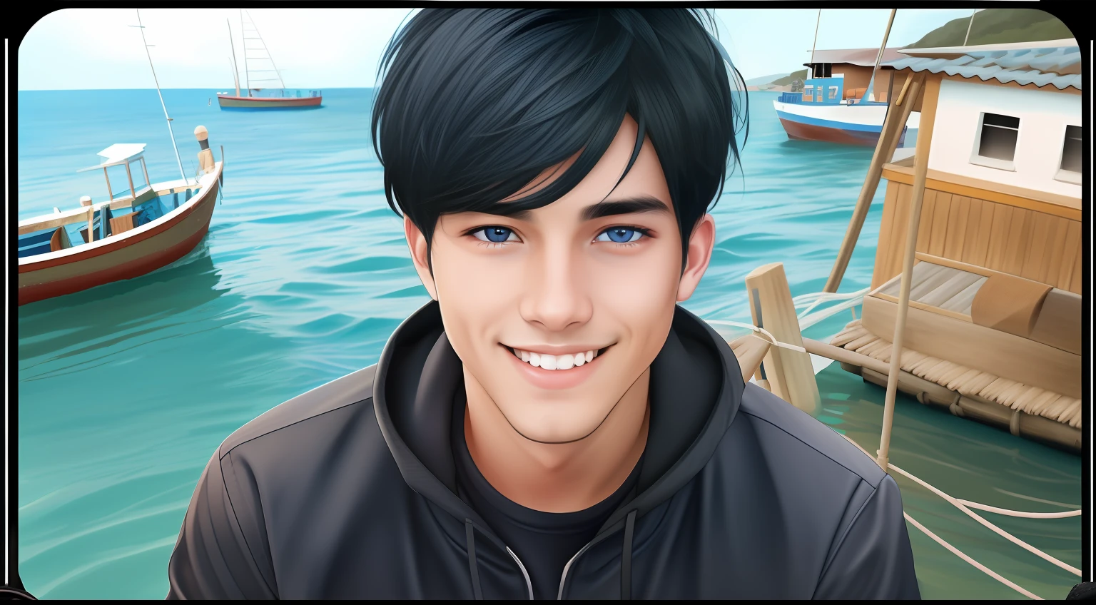 a man called Ryan, 23 years old, blue eyes, straight black hair, cheerful smile, beautiful and well-detailed skin, working as a fisherman, in the village that was situated by the sea,