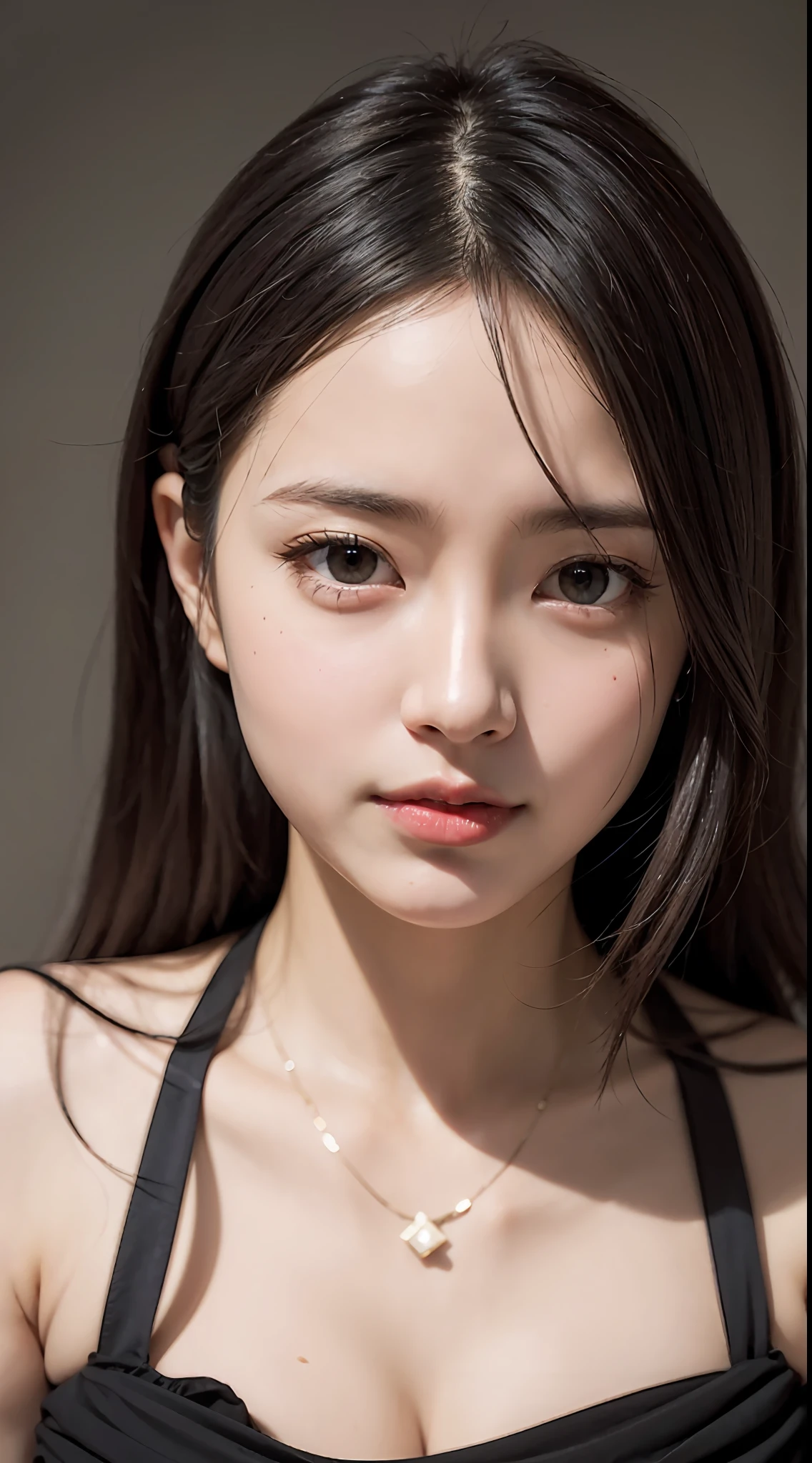 Top quality, masterpiece, high resolution, 1 girl, mature feminine, delicate collarbone, super skinny high split deep V liquid dress, silky long hair, necklace, jewelry, beautiful face, top_body, Tyndall effect, realistic, dark studio, edge lighting, duotone lighting, (high detail skin: 1, 2), 8k uhd, dslr, soft light, high quality, volumetric light, frank, photo, high resolution, 4k, 8k, bokeh